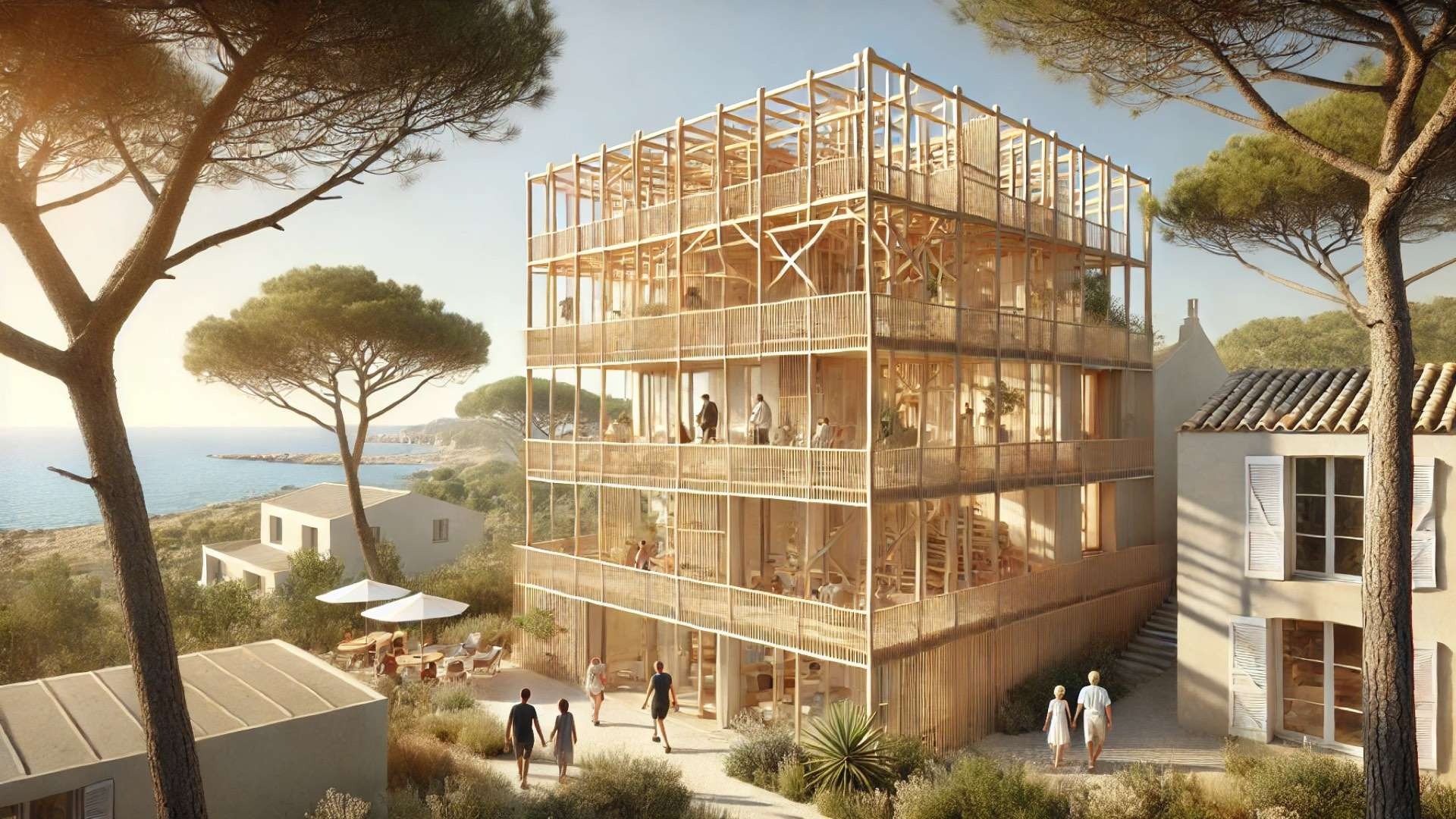 Timber-framed multi-level housing wrapped around an older coastal house, with shared terraces and residents interacting near Mediterranean pine trees and sea views.