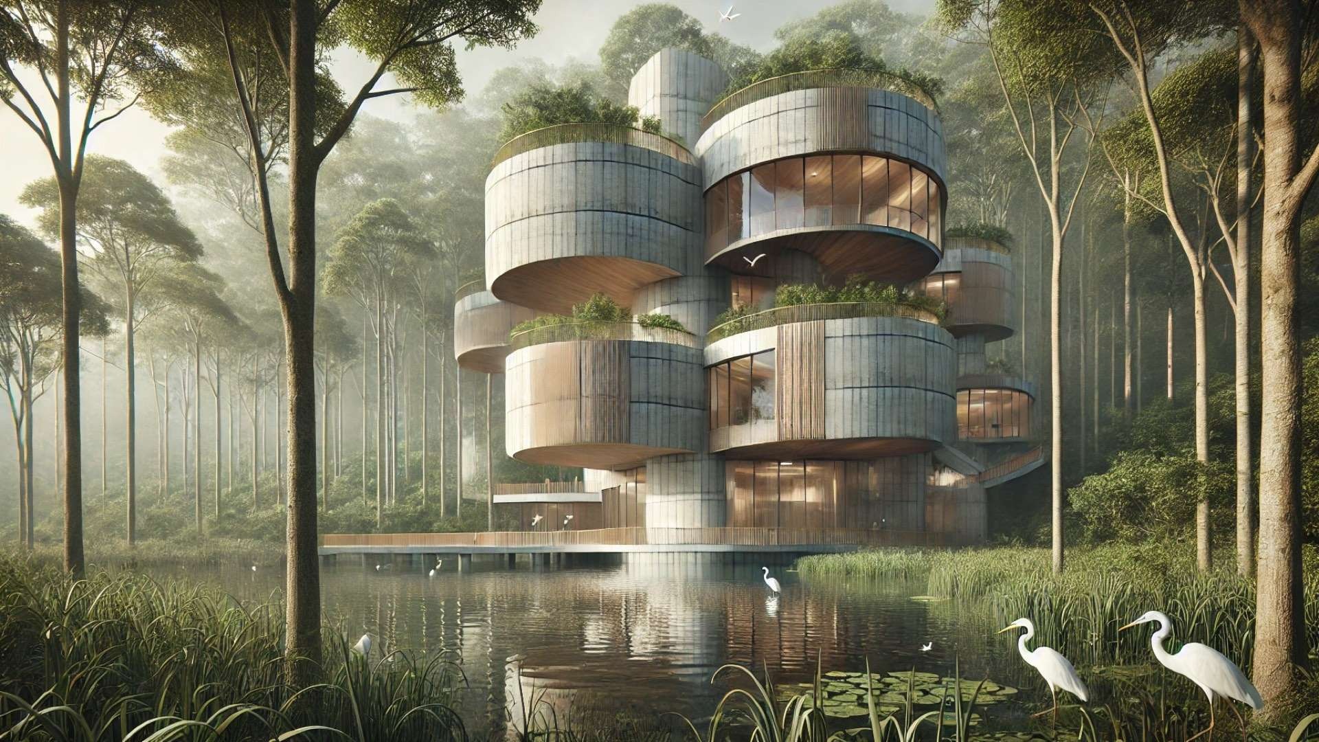Rotating concrete cylinders of the Shunde Yunlu Wetland Museum rise among trees and water, blending textured architecture with lush wetland landscape and bird-filled views.