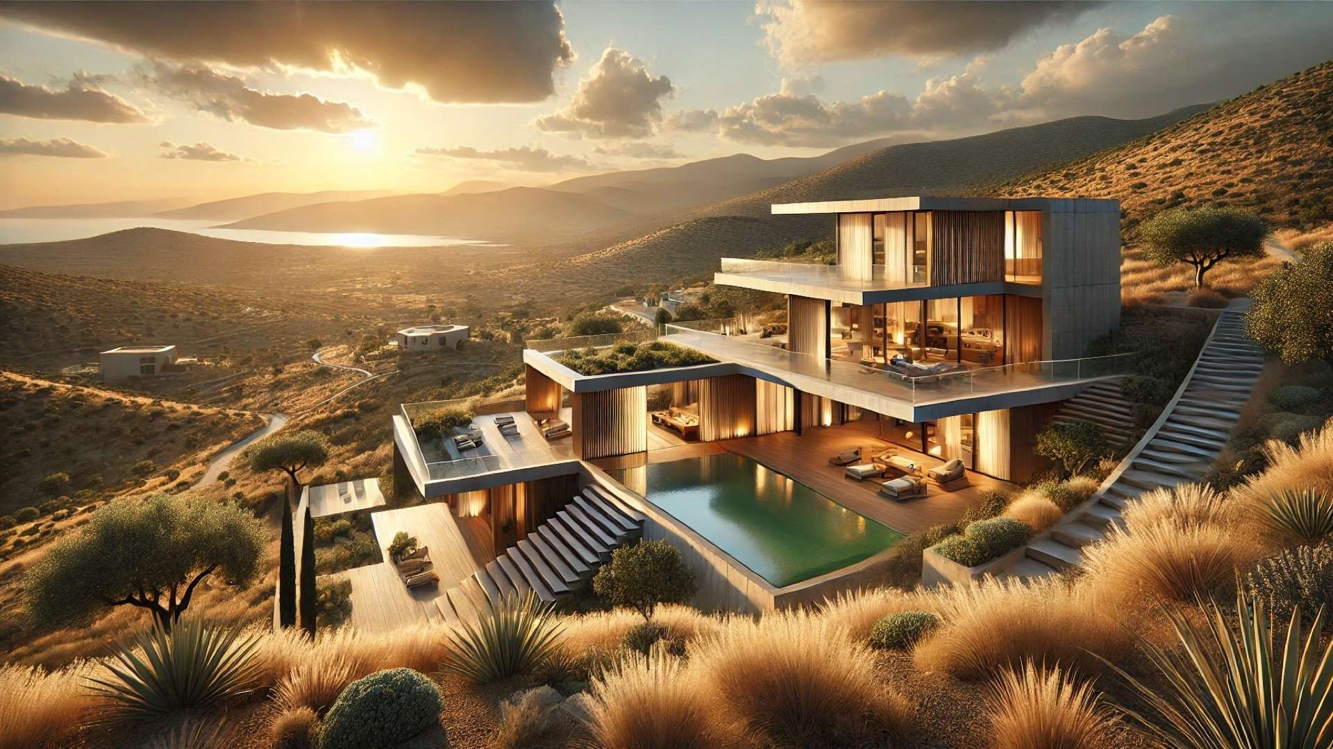 Modern sustainable hillside villa with natural stone and wood, infinity pool, and panoramic Mediterranean views at golden sunset.