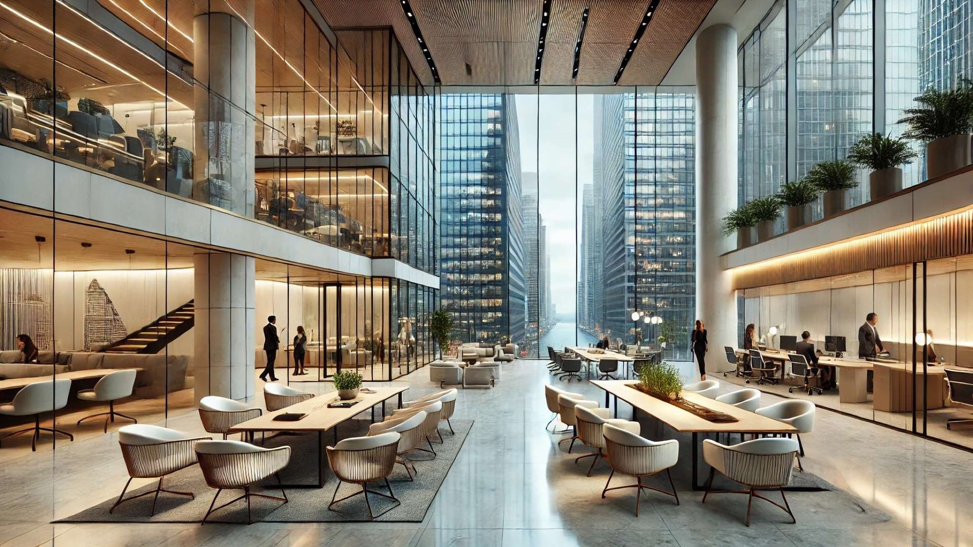 Modern Manhattan law office interior with glass conference rooms, collaborative lounge seating, and a work café overlooking the city skyline.