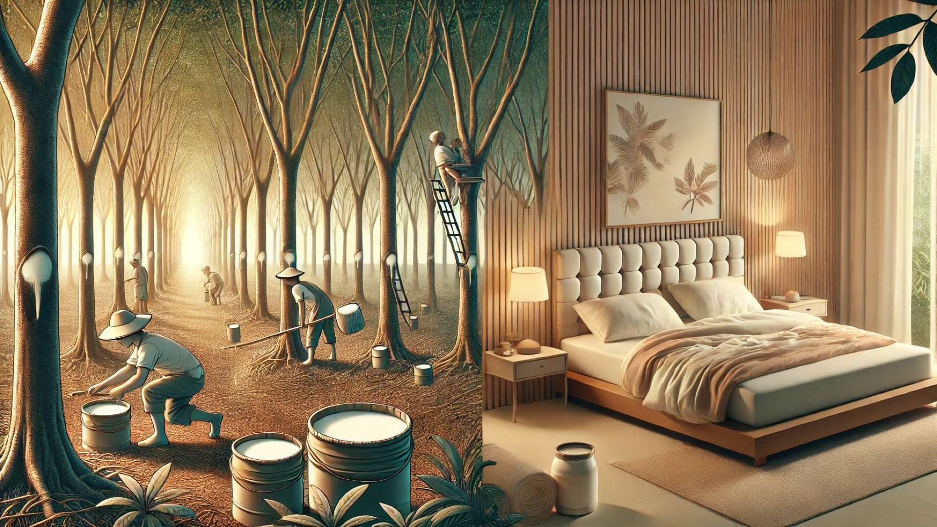 Rubber tree plantation with workers collecting milky sap from tapped trees, transitioning into a warm, minimalist bedroom featuring a natural latex mattress with soft neutral bedding.
