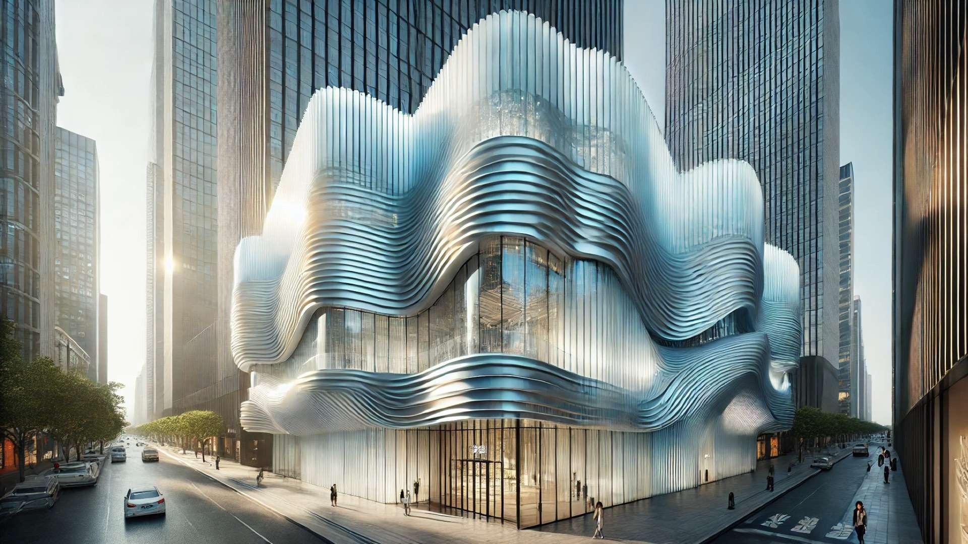 Sculptural luxury retail building with flowing glass fins in soft blue tones, glowing in daylight within a dense urban streetscape.