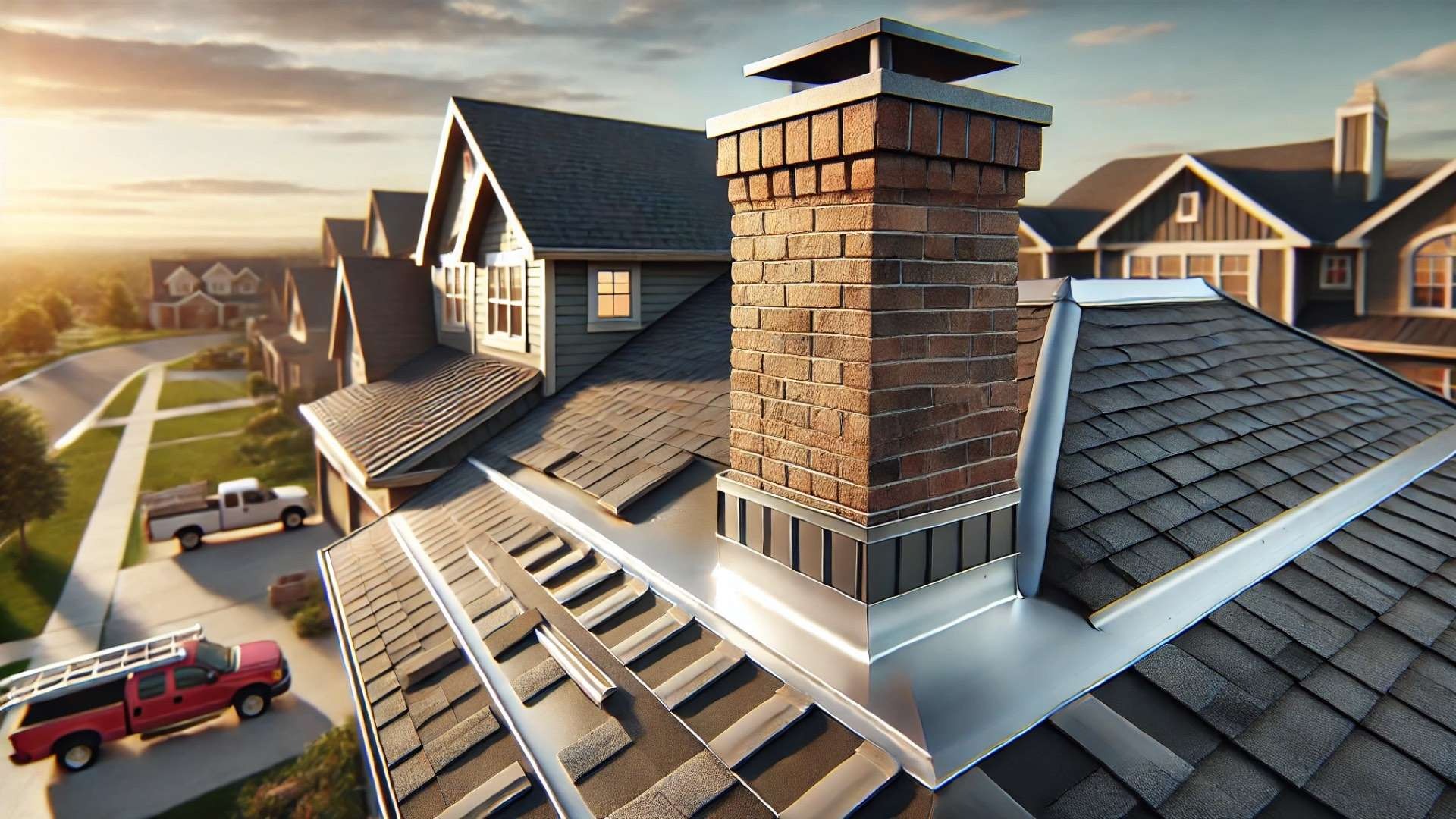 Close-up view of a residential roof with a brick chimney, showing clean metal flashing installed around the base, layered shingles, and a chimney cap under warm sunlight in a suburban neighborhood.