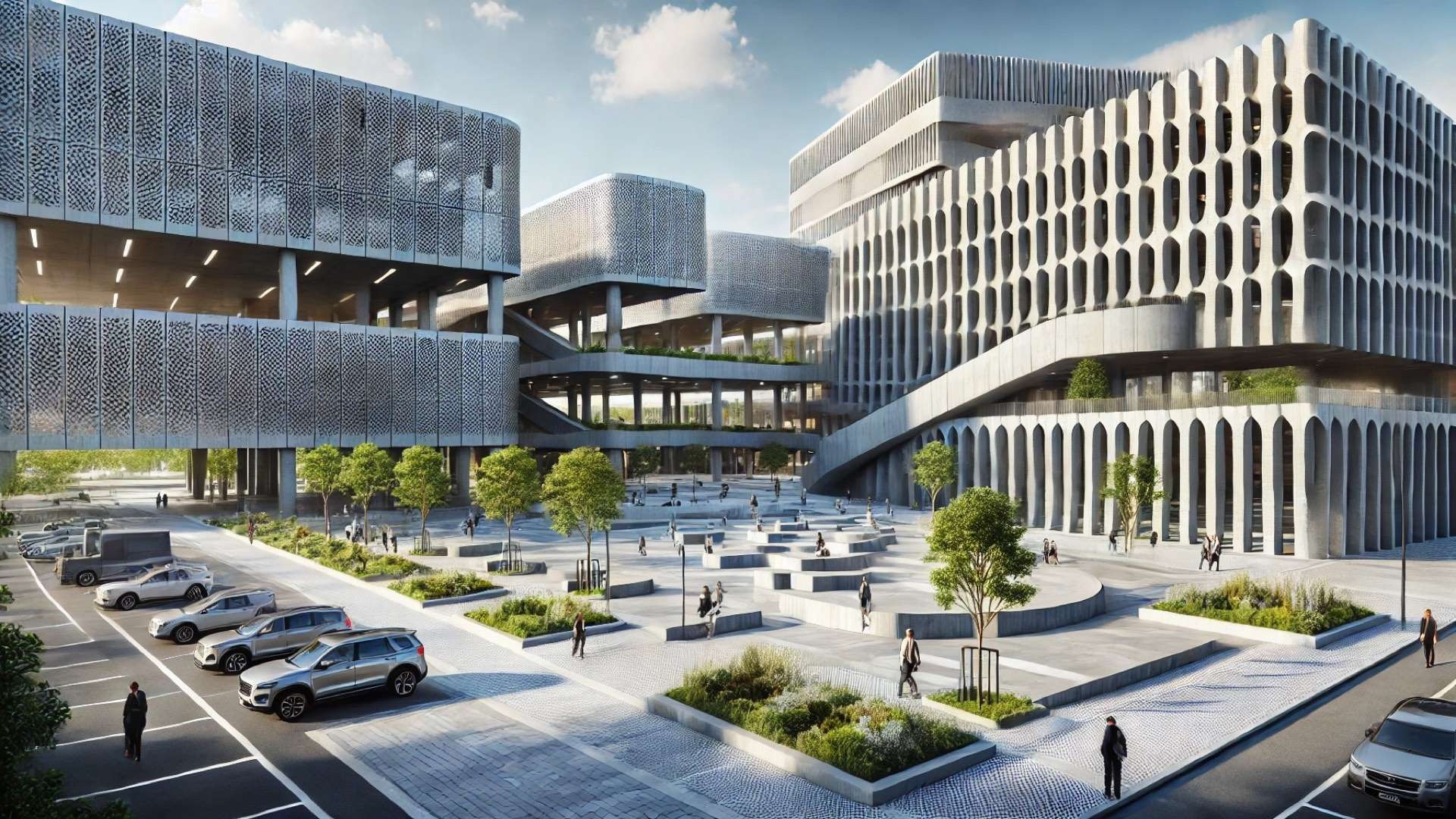 Contemporary urban plaza framed by sculptural precast concrete buildings with textured facades and landscaped public space in bright daylight.
