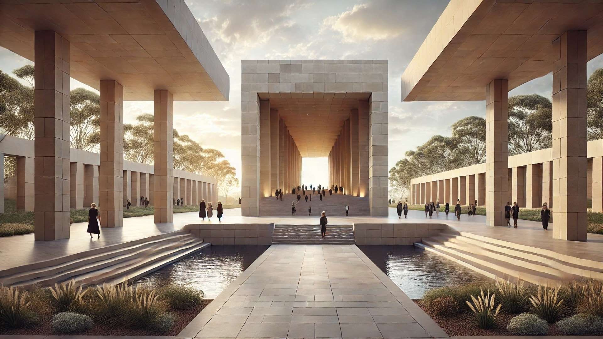 Grand symmetrical memorial entry framed by colonnades and a central sandstone structure, with shallow water pools, native landscaping, and people moving quietly through the space.