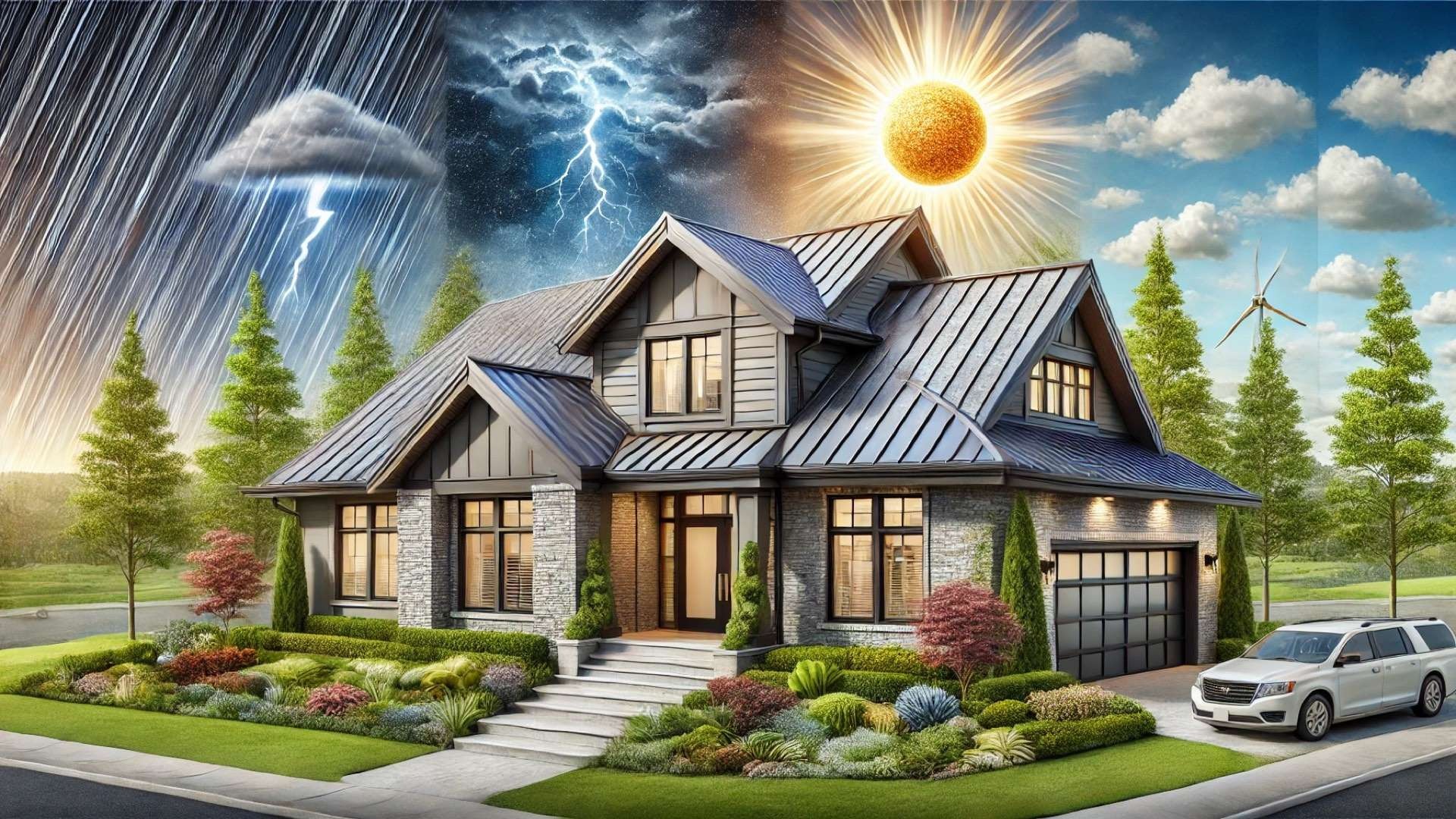 modern suburban home featuring a DECRA-style stone-coated metal roof, symbolizing strength, beauty, and resilience across varying weather conditions