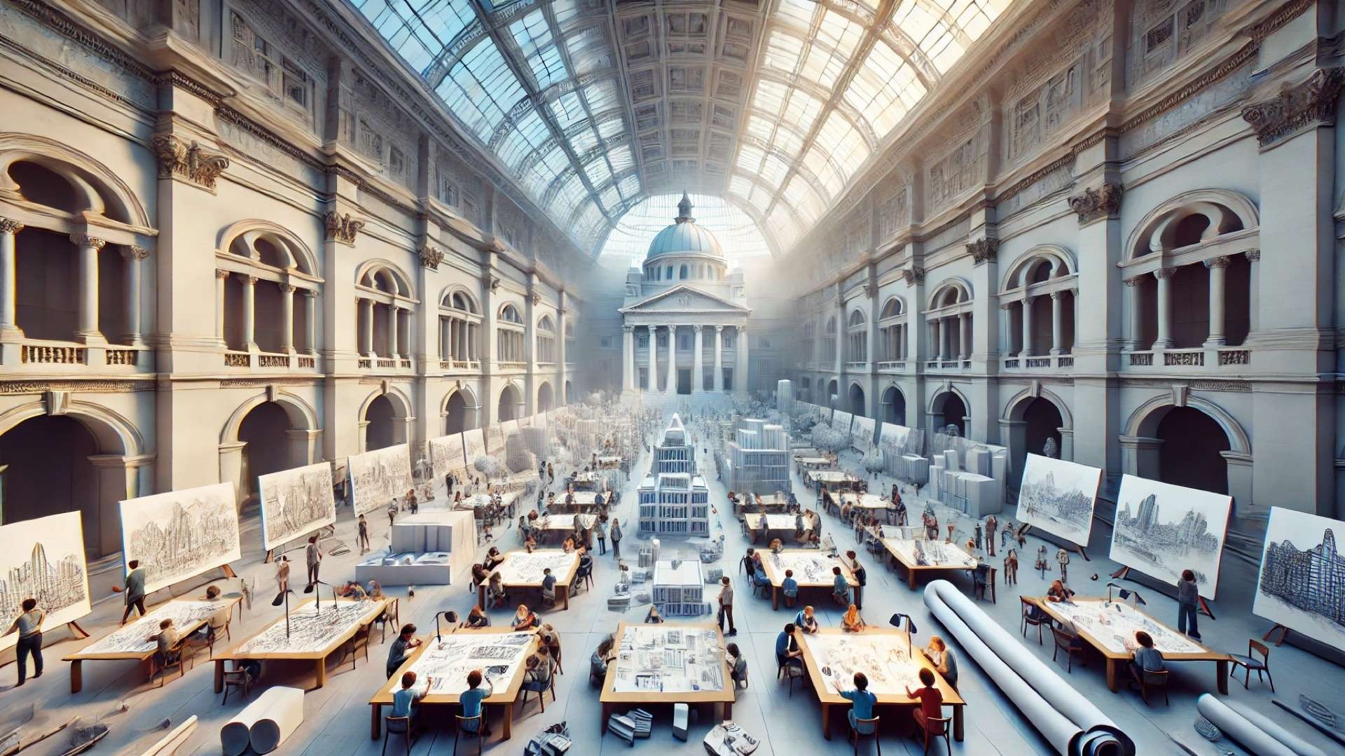 Grand museum hall filled with long communal drawing tables where children, students, and architects sketch cityscapes and architectural models beneath a vast glass roof.