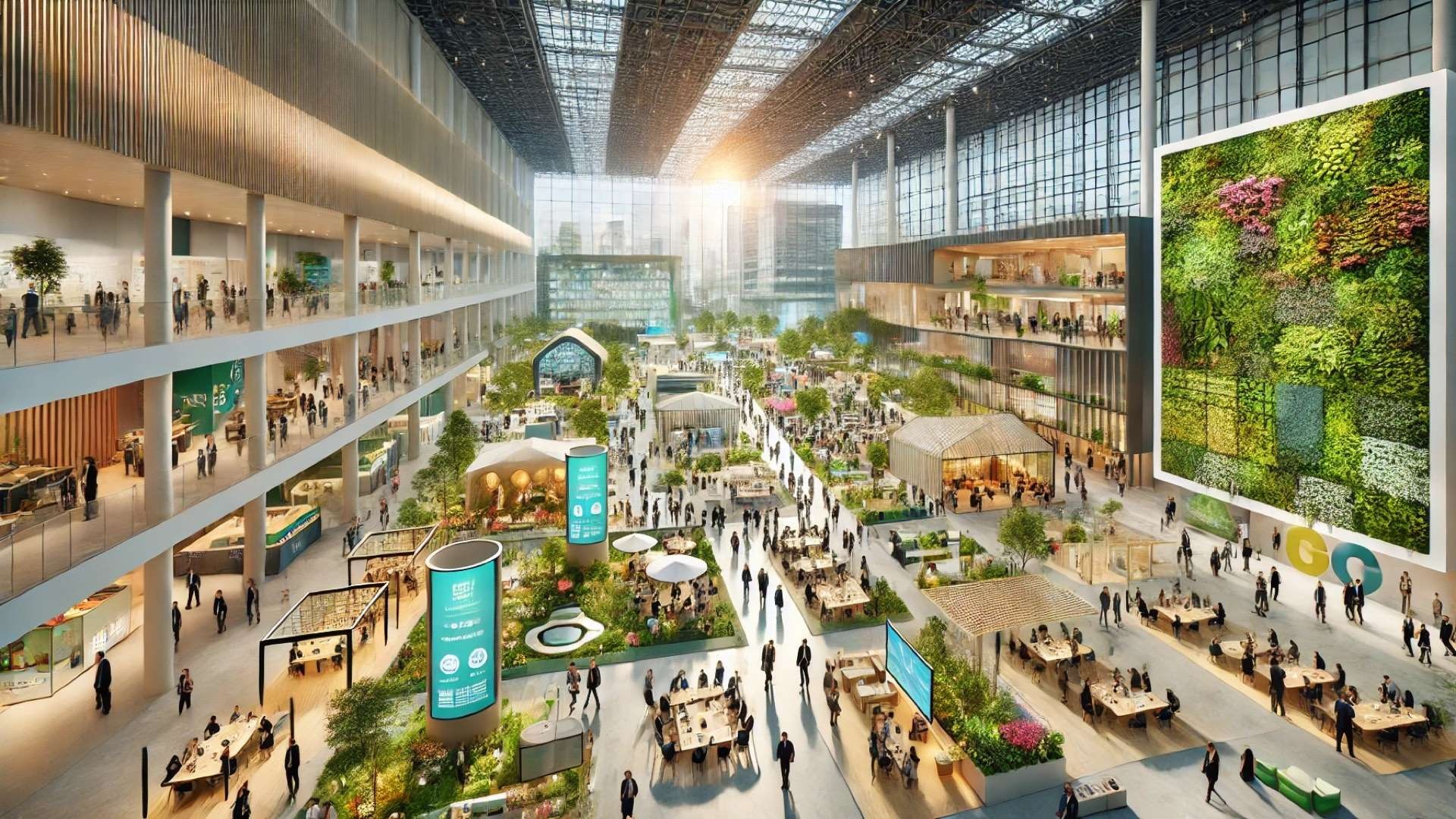 bustling, future-focused green building expo scene featuring sustainable materials, innovative technologies, and diverse professionals gathering under the bright atmosphere of a large convention hall