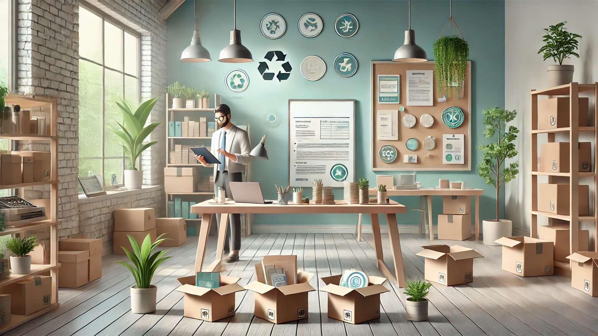 capturing a modern boutique business actively engaged in a sustainability assessment—complete with eco-friendly materials, natural light, and a workspace that emphasizes transparency and ethical practices