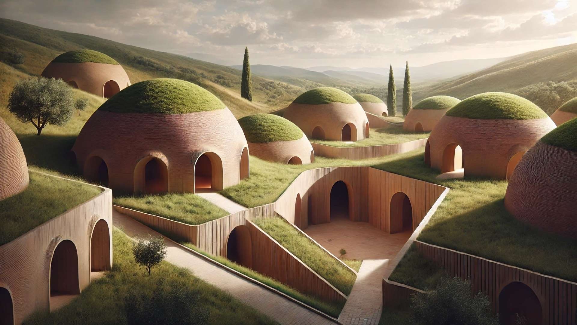 Earth-covered brick domes set into rolling hills, with arched entrances and sunlit pathways weaving through a contemplative museum landscape.