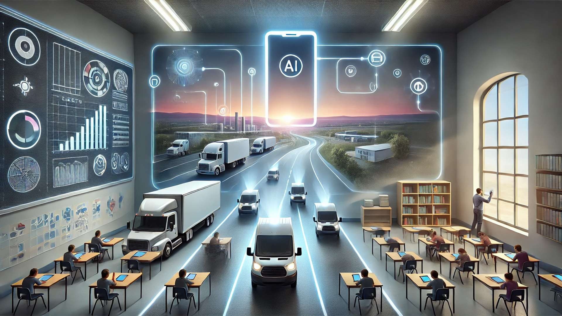 Conceptual scene of connected fleet vehicles and classroom smartphone management with glowing digital network visuals representing AI-driven mobile technology.