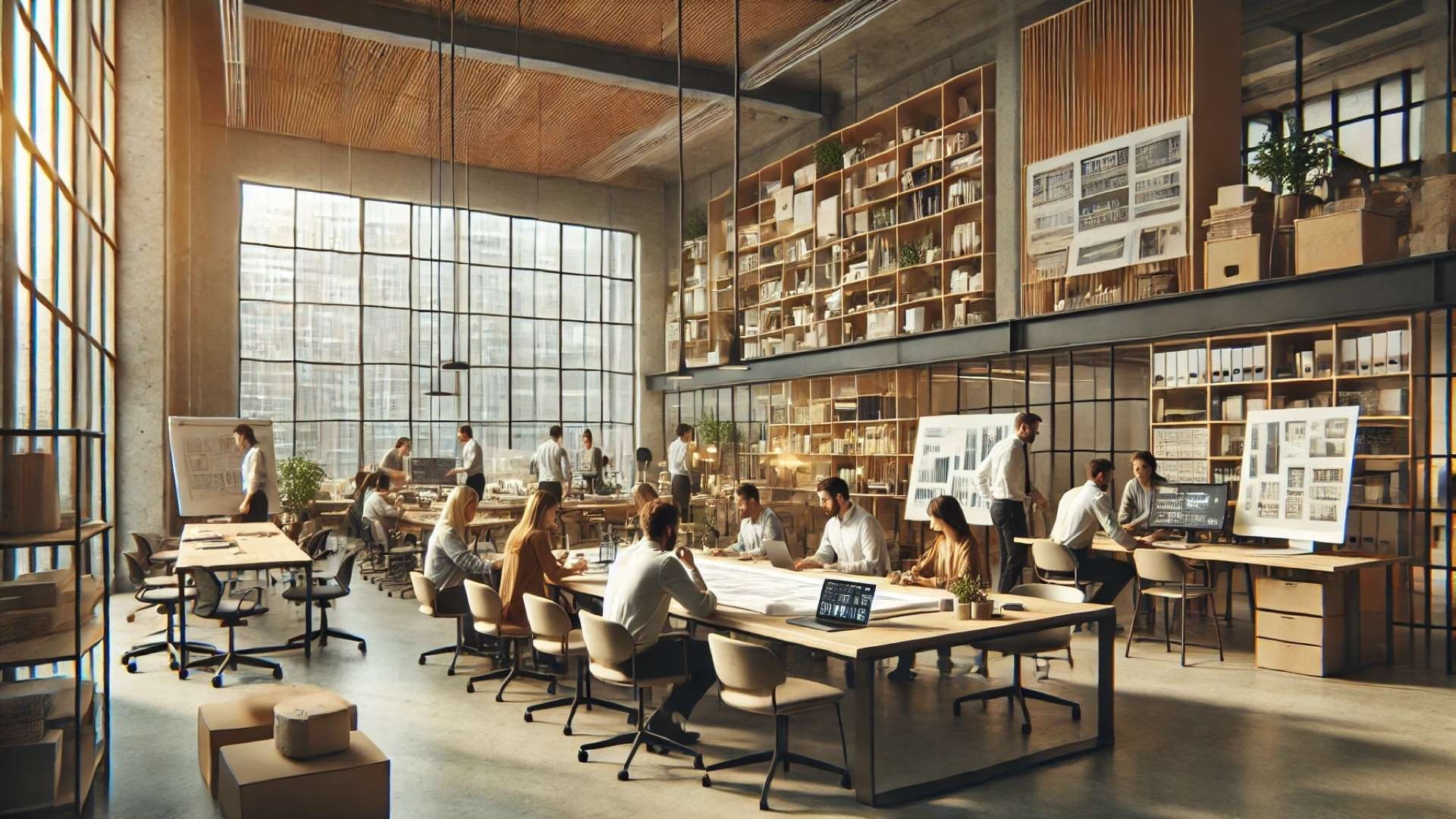 Contemporary architecture studio with a diverse team collaborating around a large table covered in drawings and models, surrounded by shelves of materials and warm daylight streaming through tall windows.