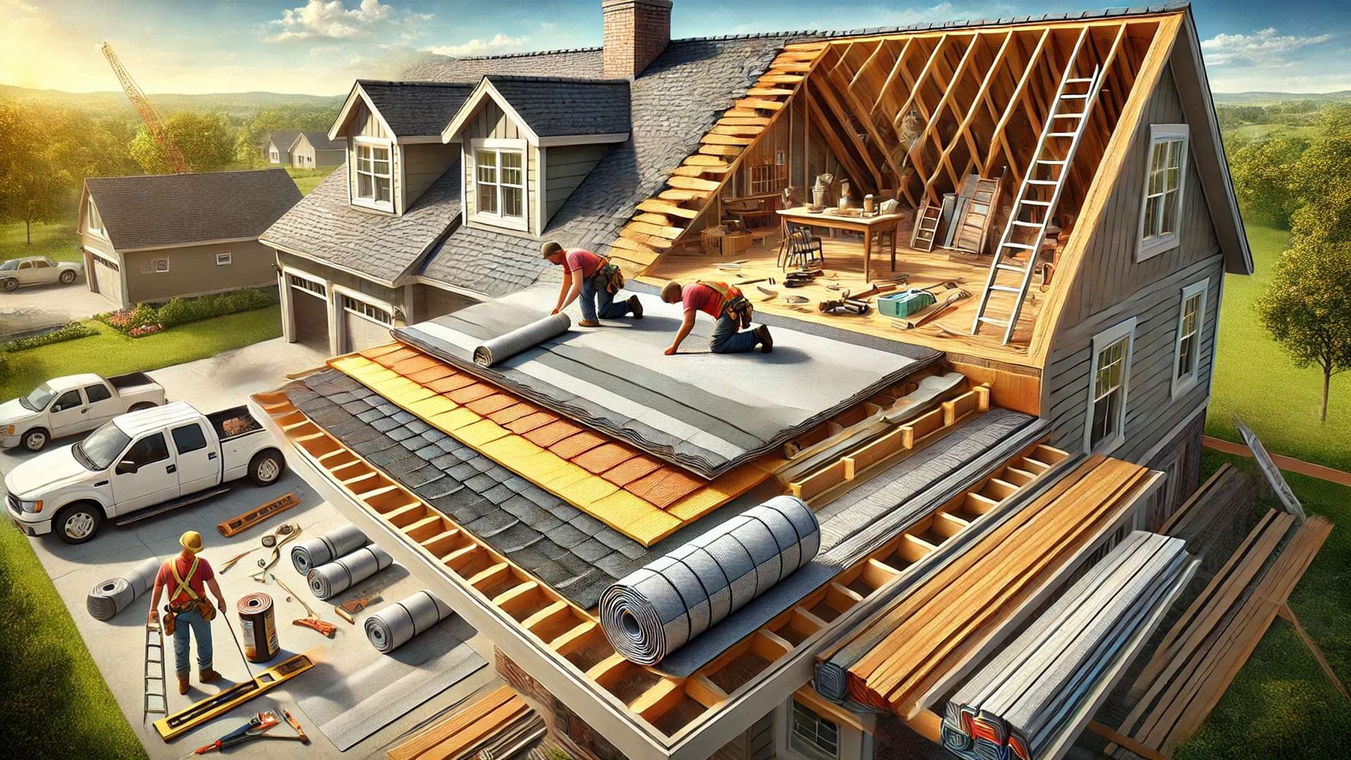 cutaway-style illustration of a residential roof under construction, showcasing the underlayment layer and its role in protecting and insulating the home