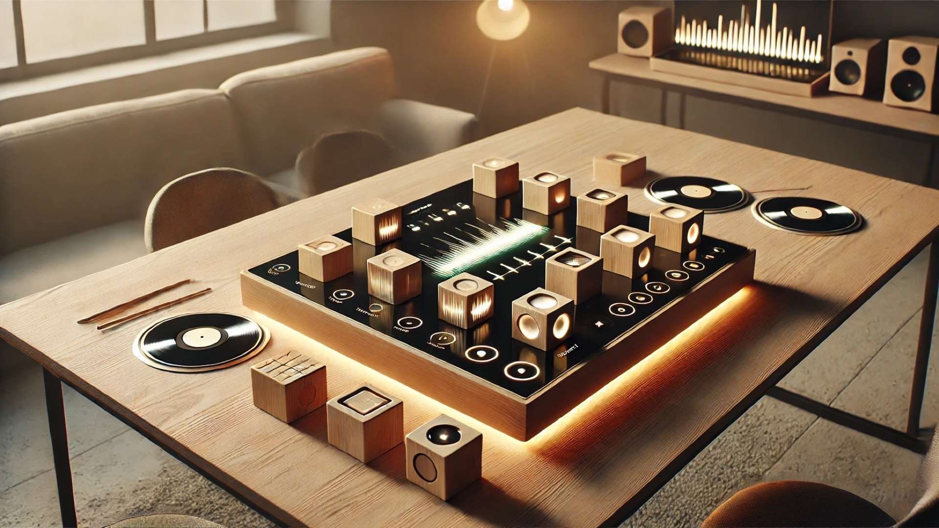 MusiCubes concept, capturing the tactile fusion of handcrafted design and futuristic music interaction in a serene, screen-free studio setting.