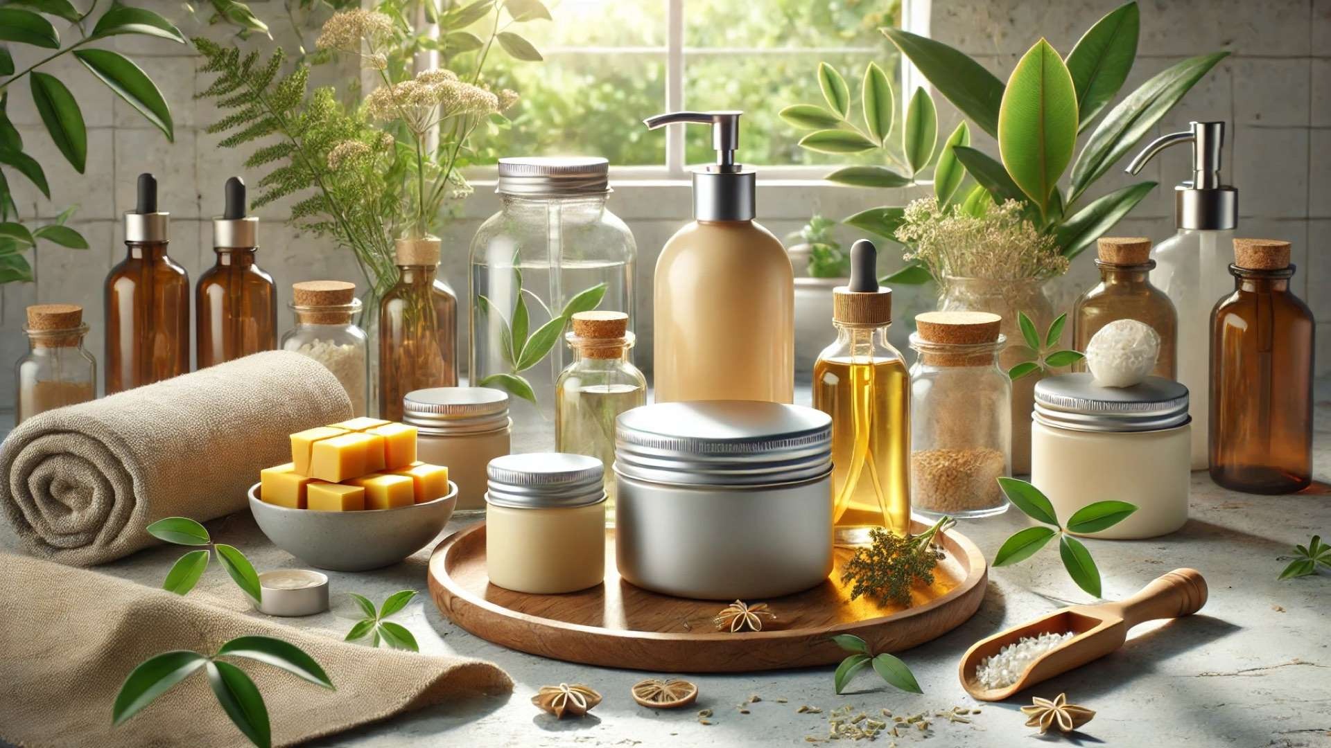 Zero-waste skincare setup with glass jars, aluminum bottles, and natural ingredients arranged in a sunlit eco-friendly spa setting.
