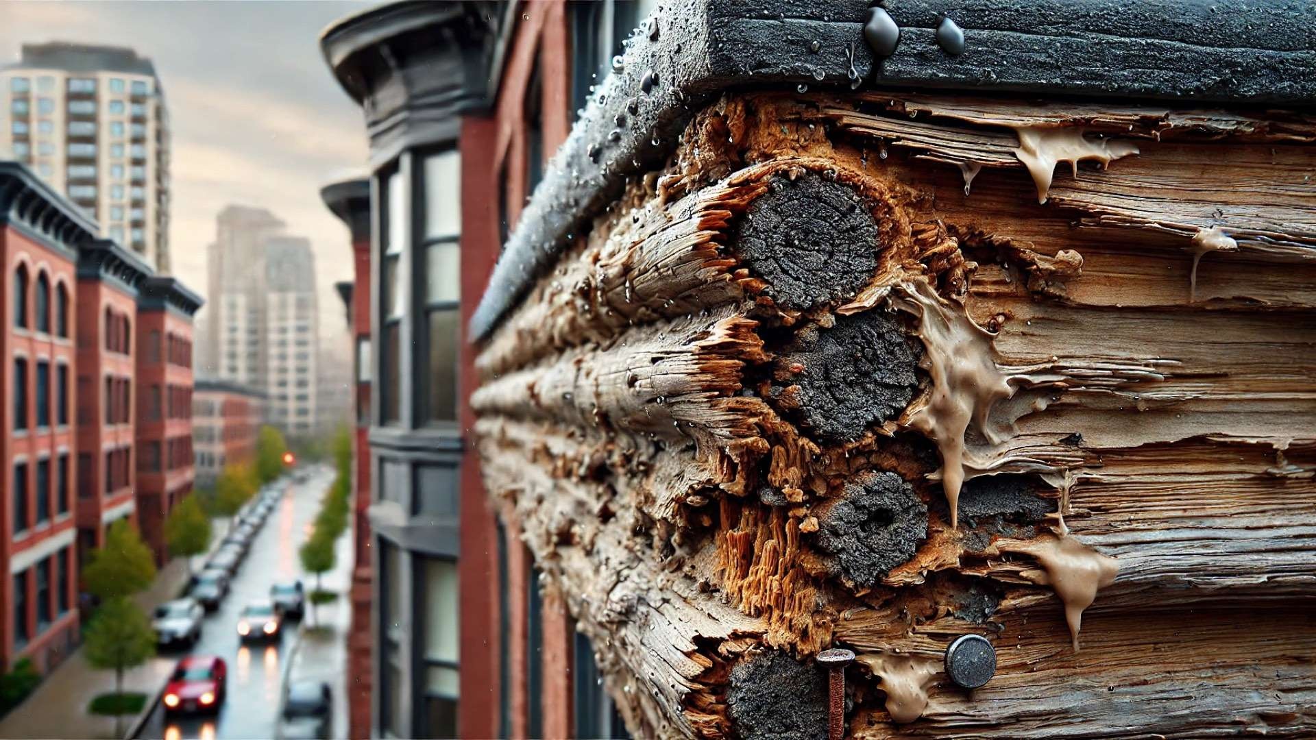 Extreme detailed view of splintered and waterlogged exterior wood trim with exposed rotten fibers, rusted fasteners, and damp caulking on a city building facade.
