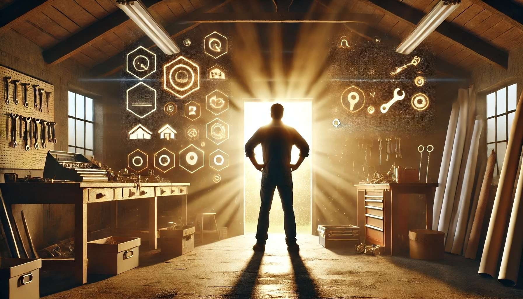 A roofing contractor stands confidently in a workshop doorway at sunrise, representing the freedom that comes from owning your lead flow instead of renting it.