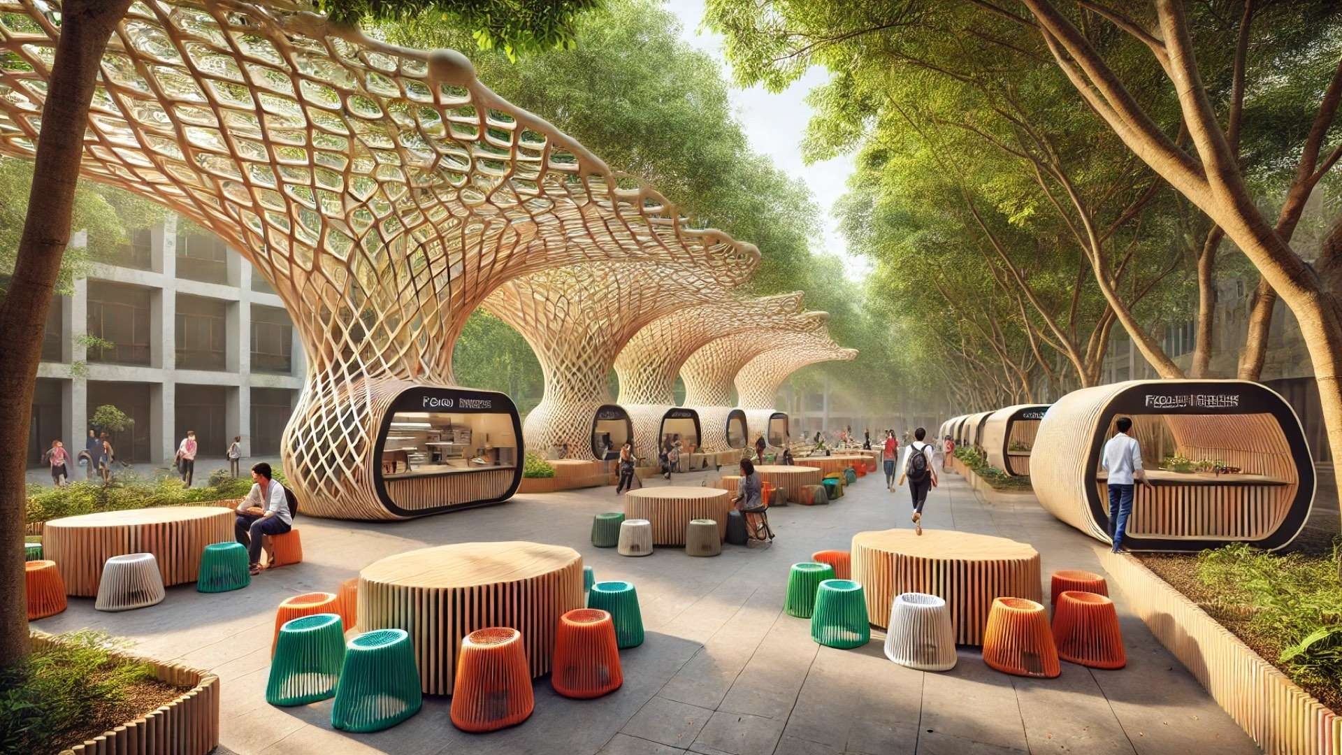 Outdoor university food street under a flowing bamboo gridshell canopy with modular kitchen pods, colorful recycled seating, and shaded gathering areas beneath trees.