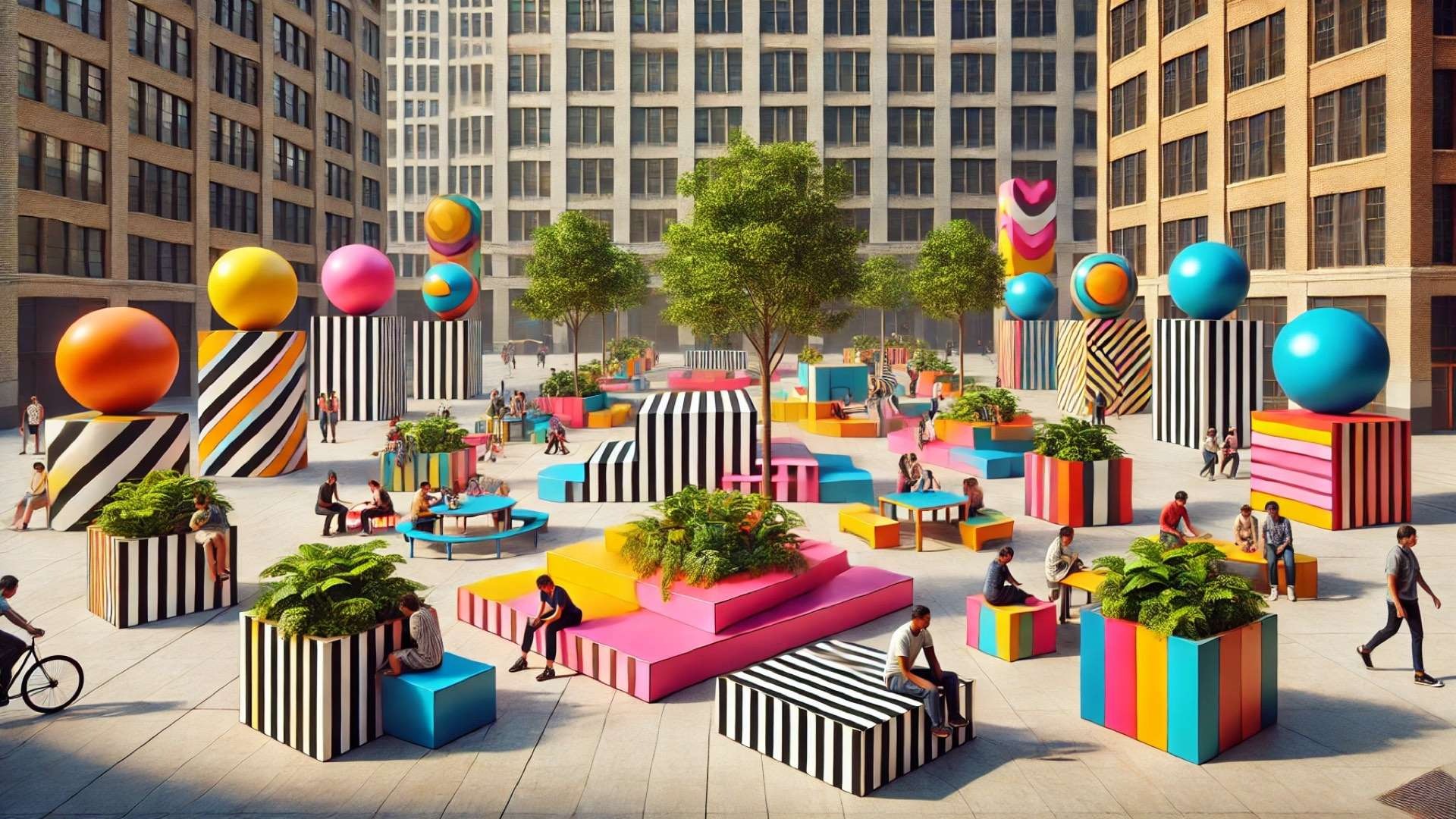 Vibrant geometric public art plaza with bold colorful sculptural benches and planters where people gather in a lively urban setting.