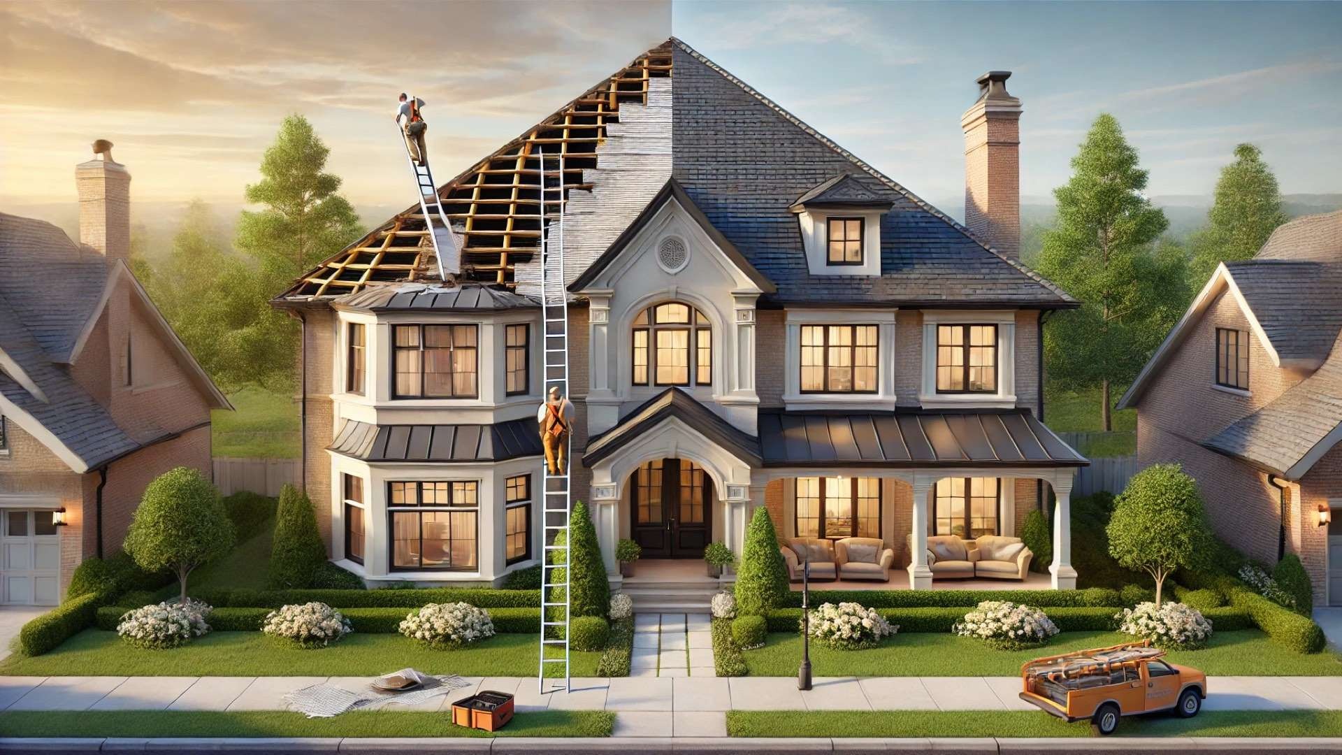 Upscale suburban home with roof partially under replacement, showing exposed roof decking, new metal roofing installed on one side, and roofers working from ladders in a manicured neighborhood.