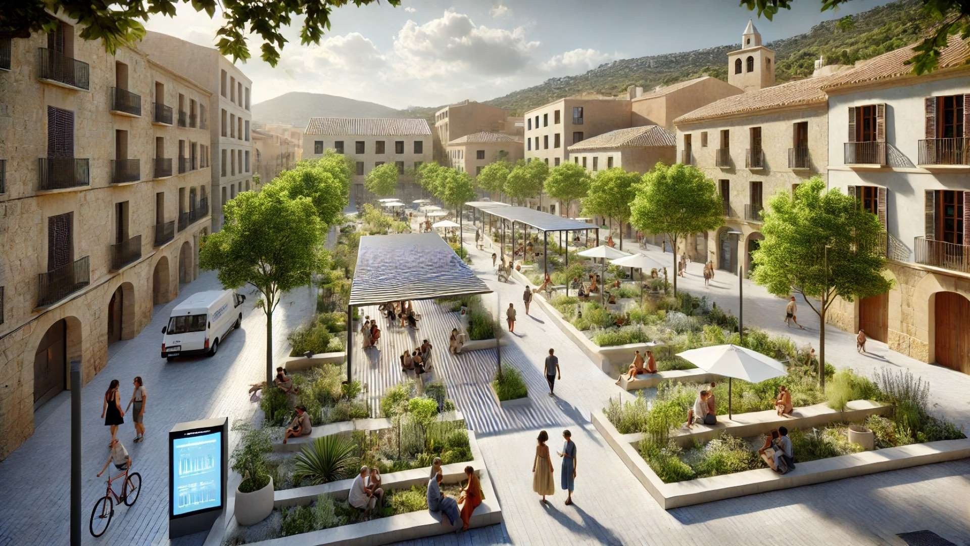 illustration of the envisioned María Hervás Plaza in Dénia, designed as a climate-resilient, community-centered public space