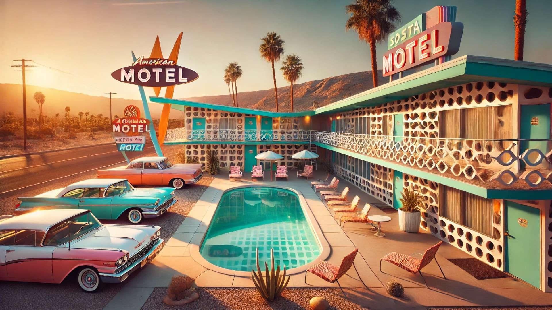 capturing the nostalgic charm of restored mid-century American motels, blending retro design with modern appeal