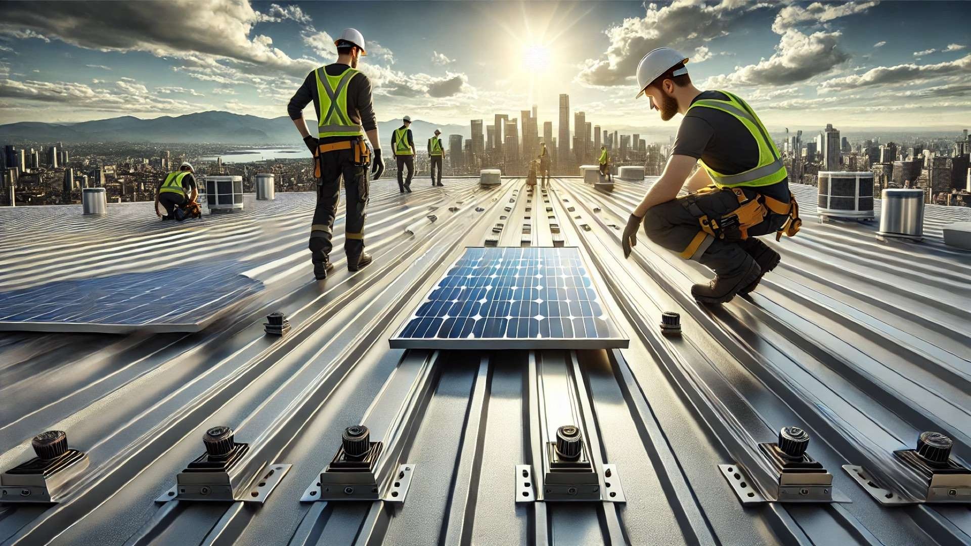 Roofing professionals inspecting solar panel clamps and non-penetrating attachments on a modern standing-seam metal roof with a city skyline in the background.