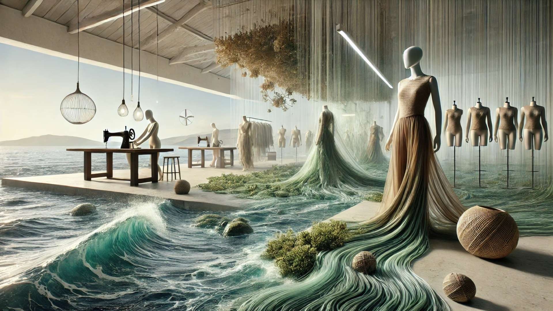 Conceptual sustainable fashion studio by the sea where flowing seaweed transforms into silky textile fibers that become elegant garments on mannequins.