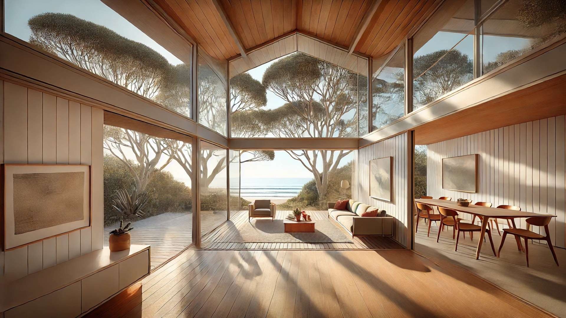 illustration of the mid-century beach house in Anglesea, designed to reflect its unique character, material palette, and seamless indoor-outdoor connection
