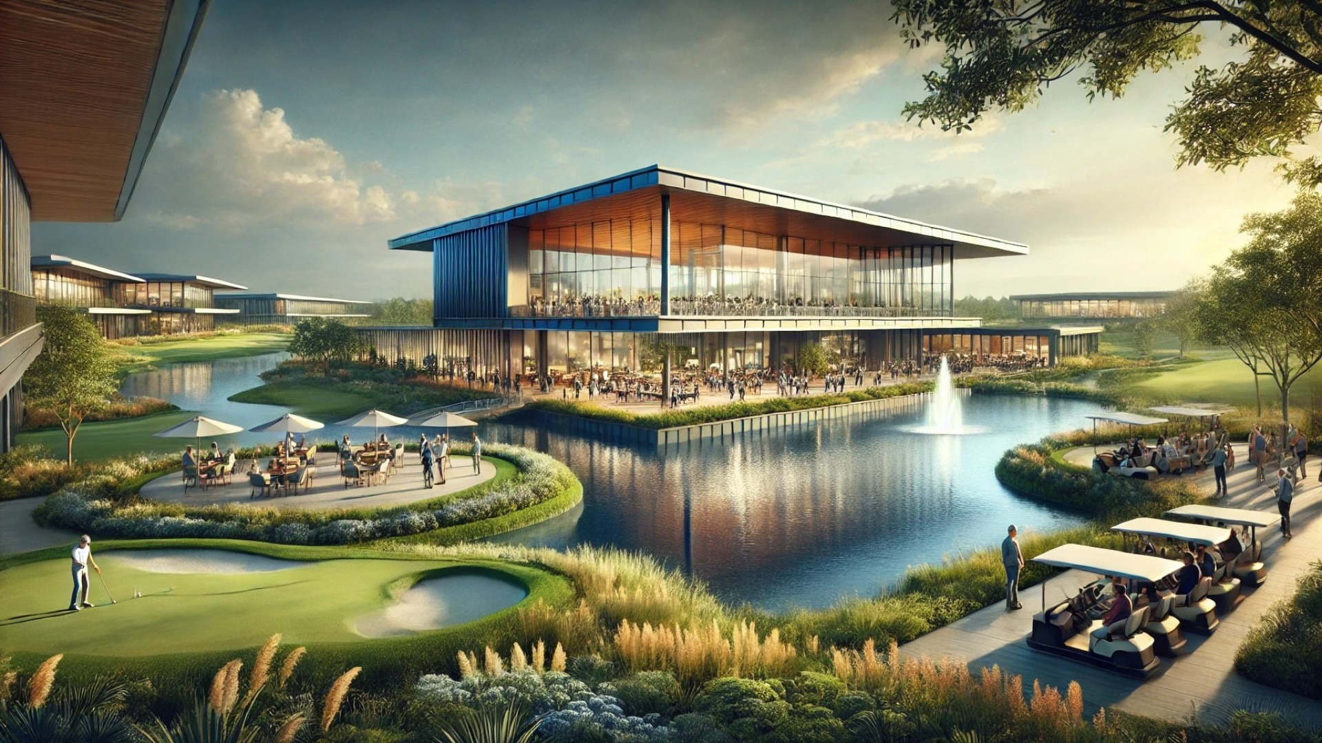 Modern PGA TOUR Studios design, highlighting its modern, sustainable design and seamless integration with the natural landscape