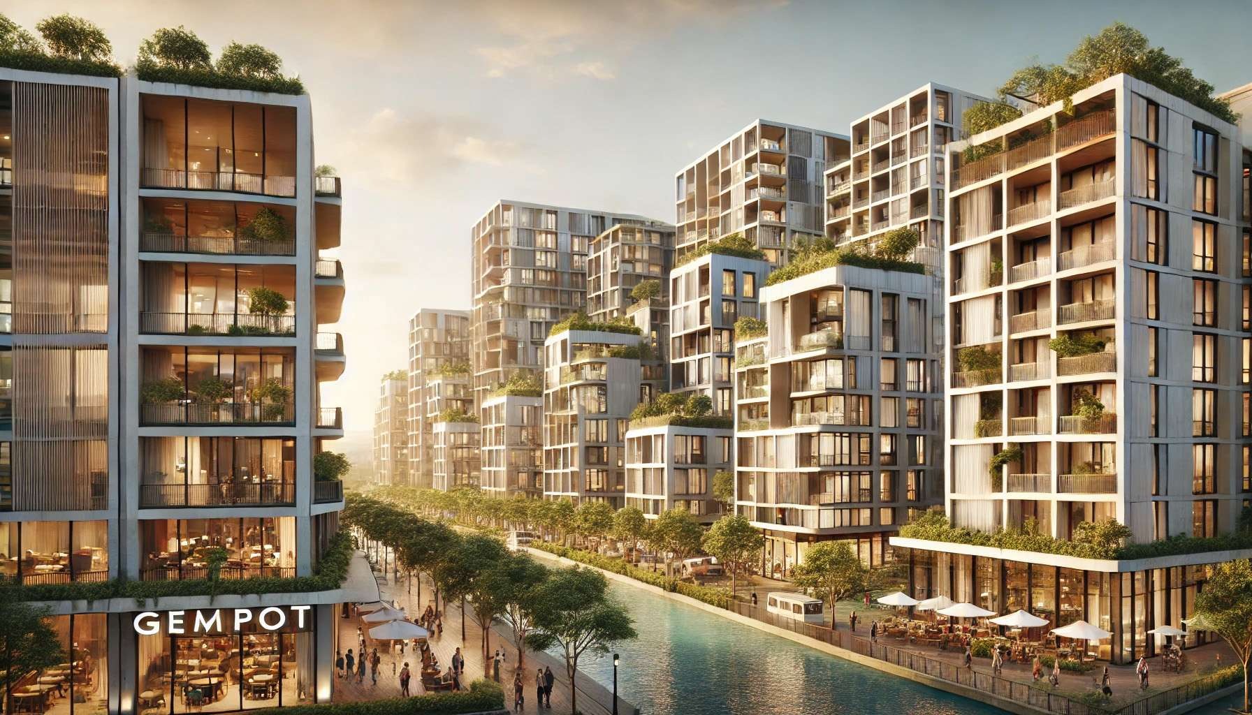 riverside community with its 12 low-rise contemporary buildings, vibrant boutique-lined streets, and the tranquil GEMPOT restaurant by the water