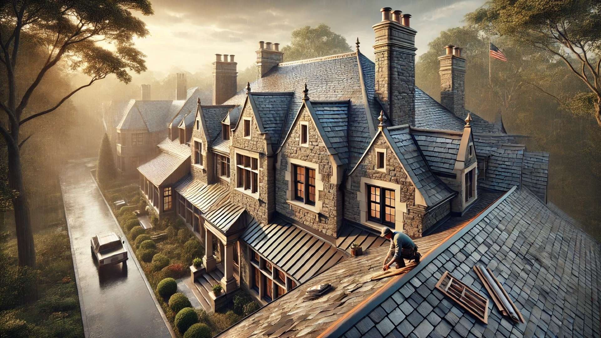 Historic stone manor with steep slate rooflines and copper flashing during light rain, featuring a roofer inspecting slate tiles above landscaped grounds and glowing interior windows.