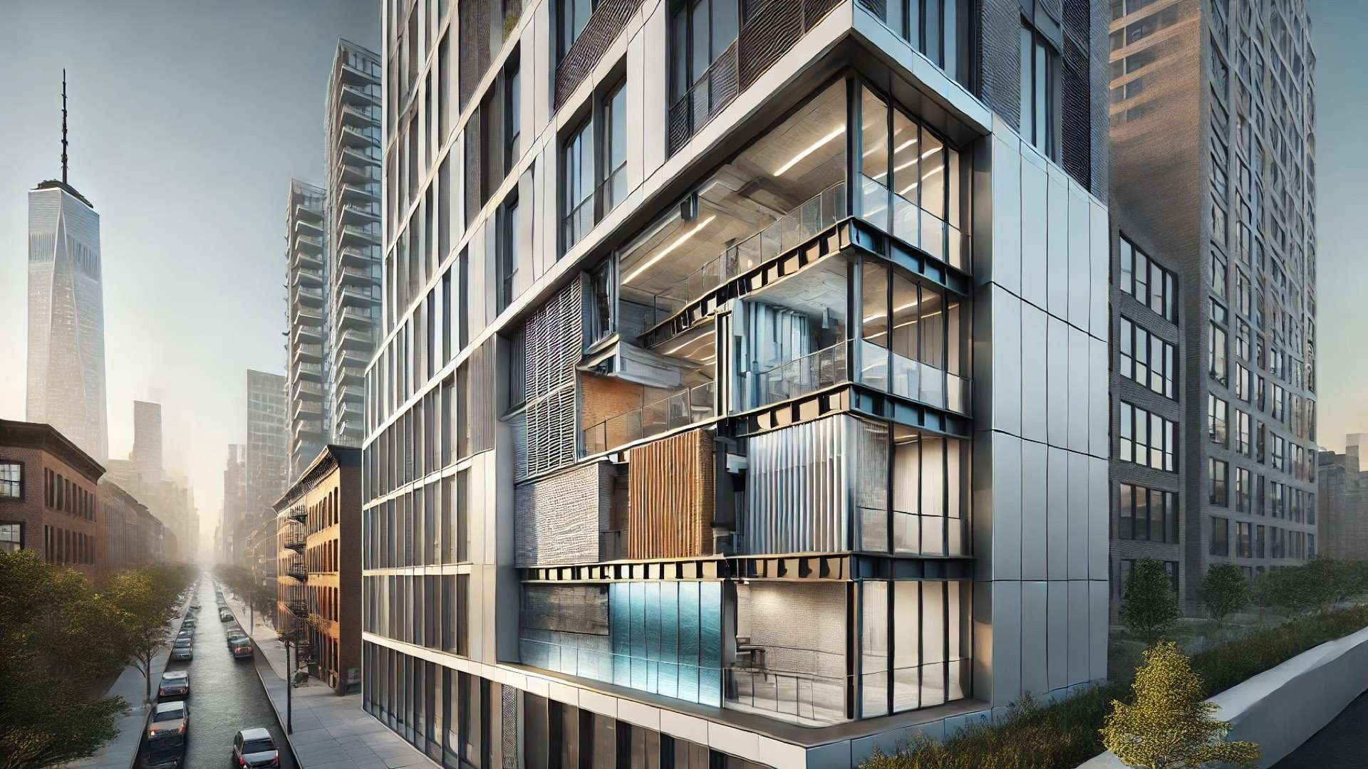 modern urban facade with fire-safe rainscreen cladding—highlighting non-combustible materials and a cutaway view of the wall assembly