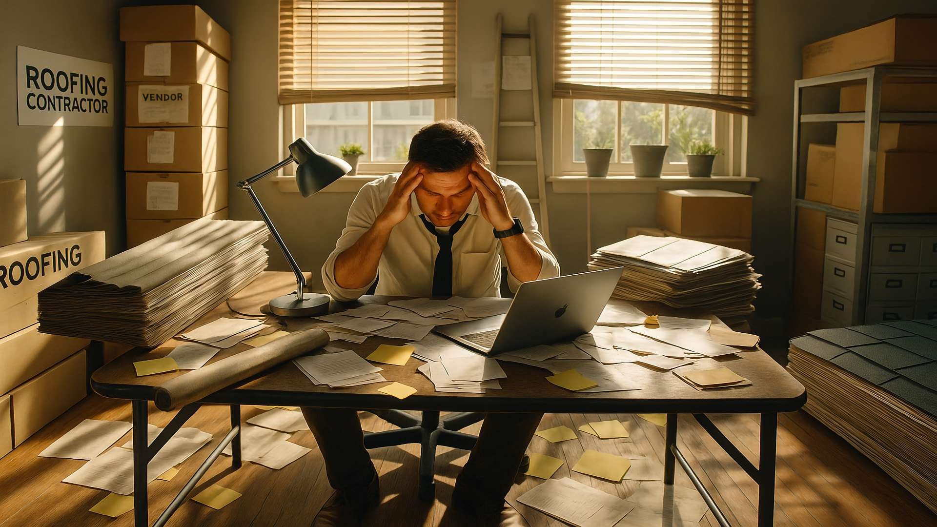 A frustrated roofing contractor sits at a cluttered desk surrounded by paperwork and lead sheets, overwhelmed by low-quality roofing leads.