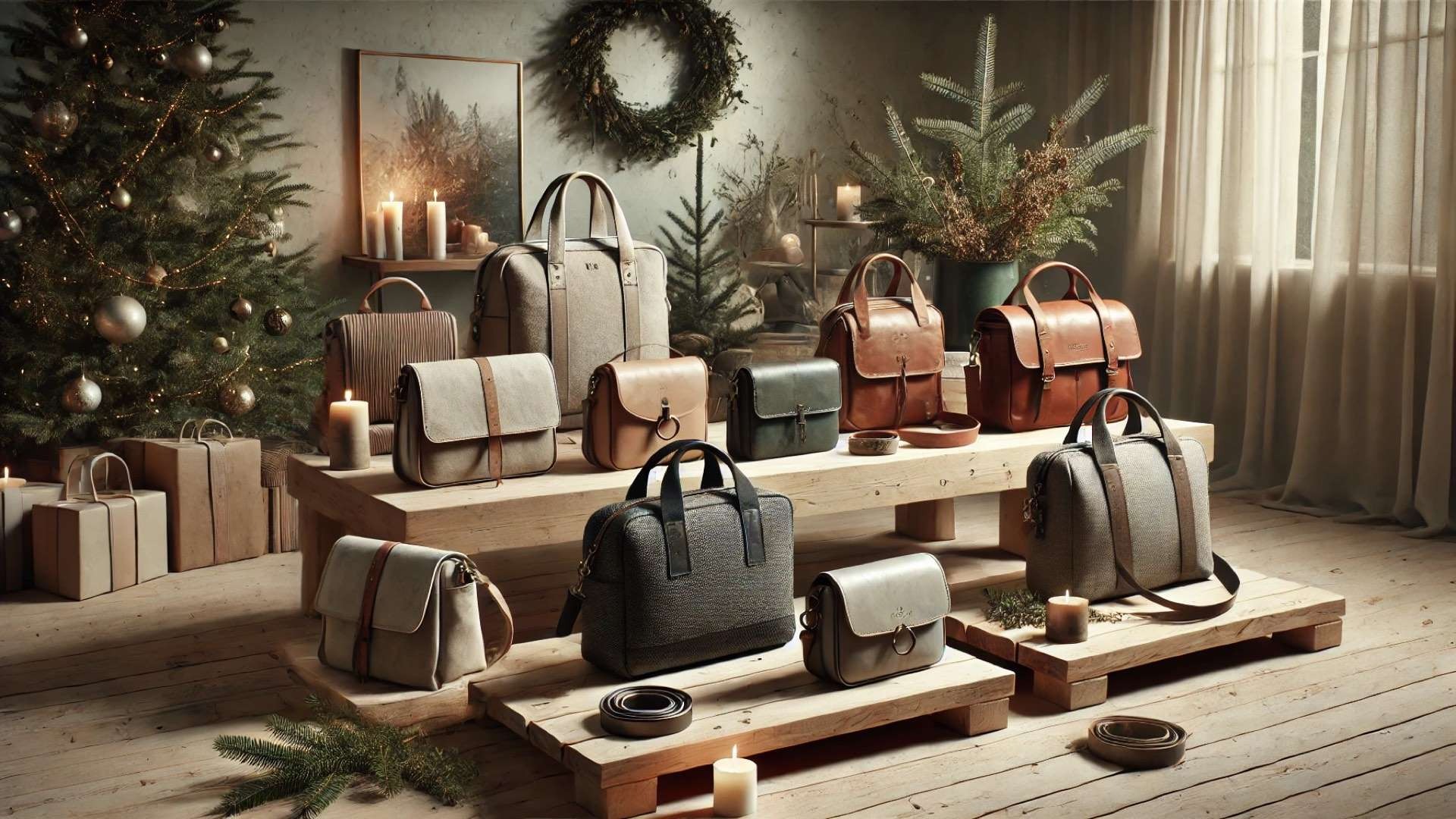 showcasing luxurious, eco-conscious designer bags in a refined holiday setting—emphasizing sustainability, craftsmanship, and minimalist elegance