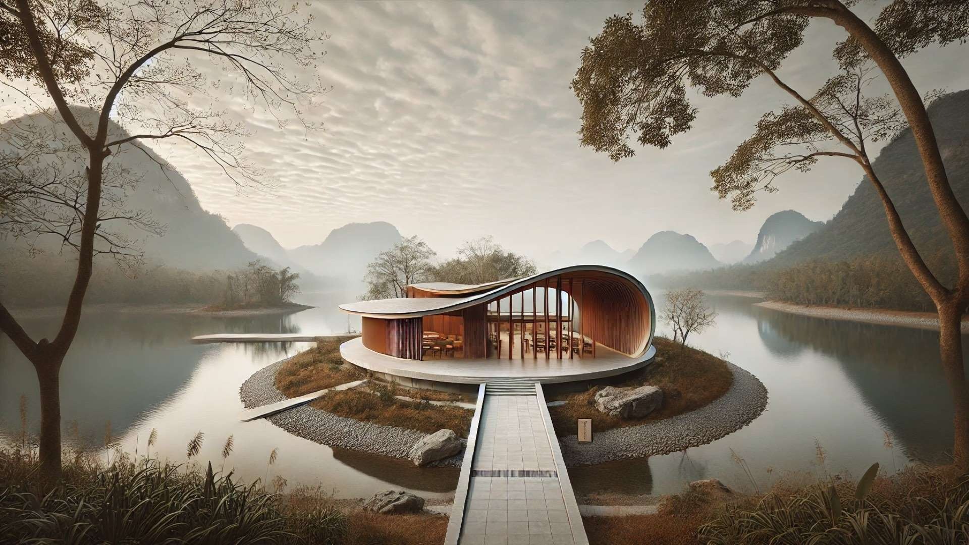 The Grand Canopy visitor center, set in Huizhou’s tranquil riverside landscape, showcasing its elegant integration with nature