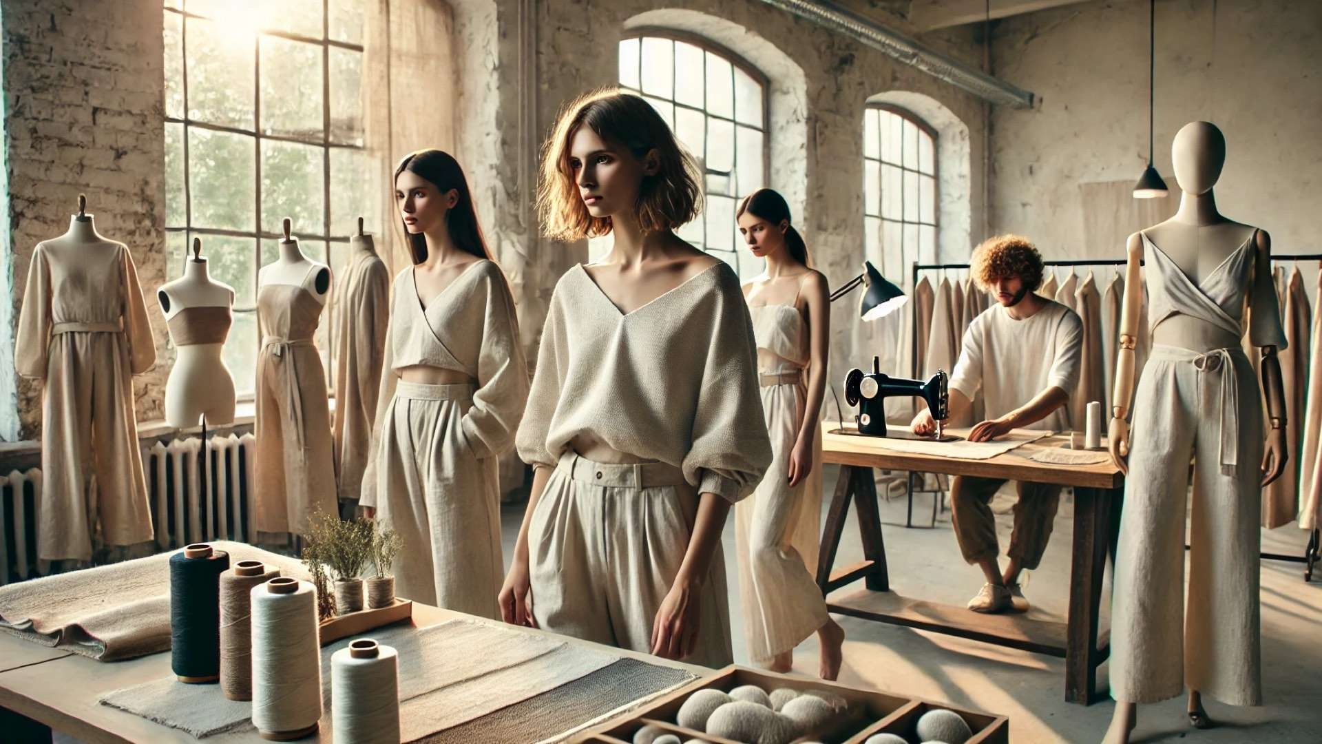 Sunlit fashion atelier with models wearing neutral-toned organic garments, surrounded by natural textiles, sewing tools, and mannequins in a warm industrial studio space.
