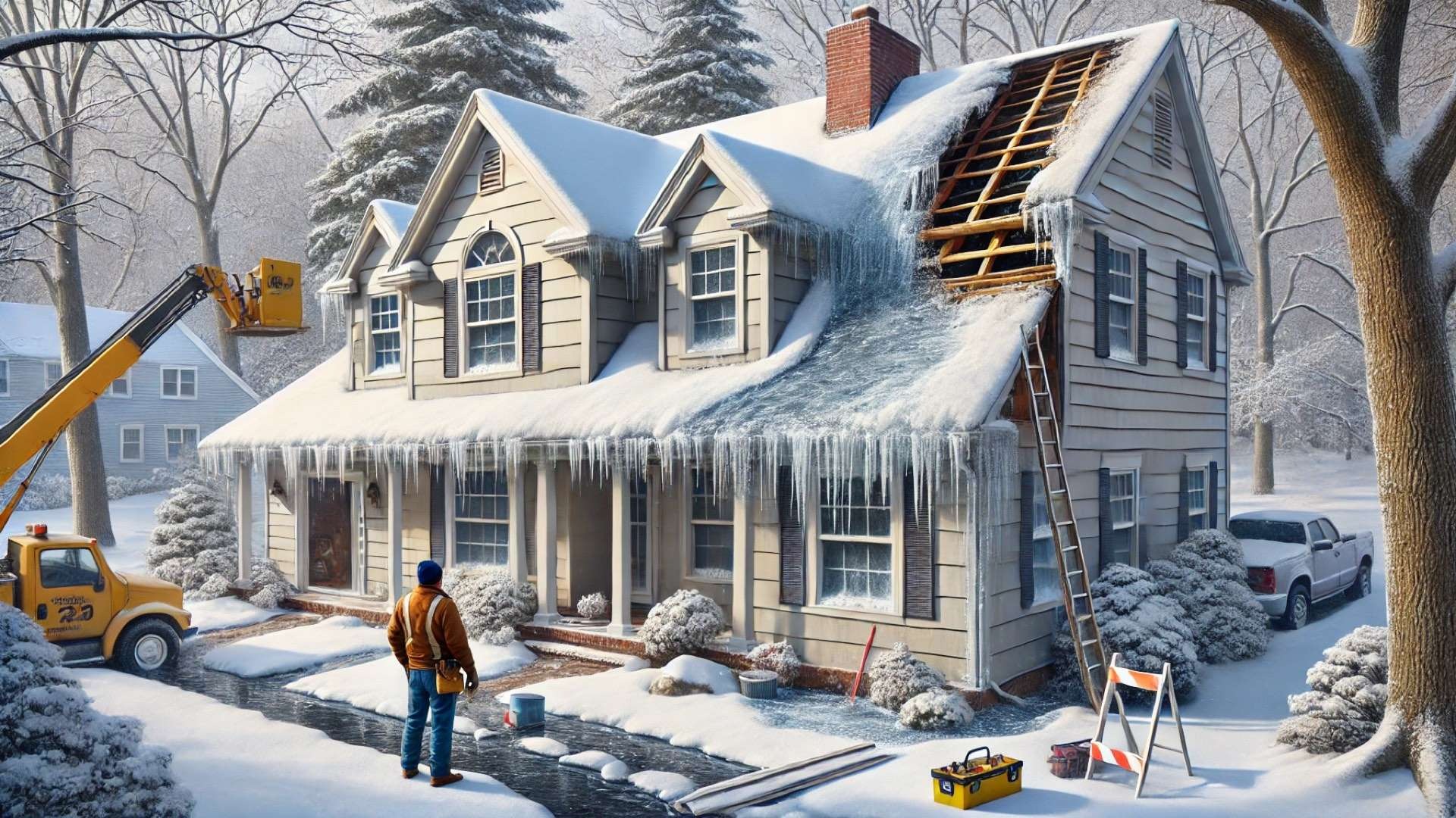 capturing the impact of winter roofing issues, including ice dams, damaged shingles, and visible water infiltration