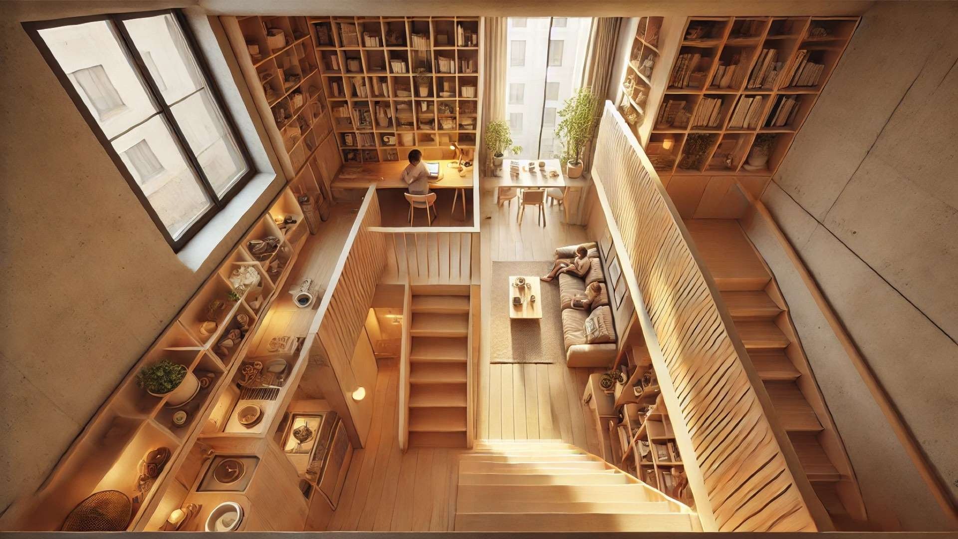 looking organically down from an upper-level space into a lived-in area below
