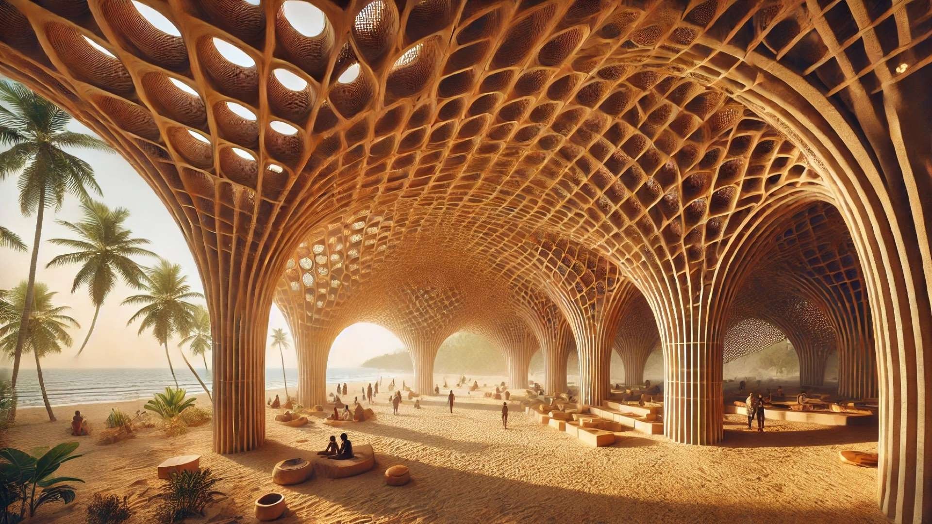 Terracotta pavilion on a tropical beach with sweeping vaulted arches formed from stacked clay cups, filtering warm sunlight onto shaded gathering spaces beside palm trees and the ocean.