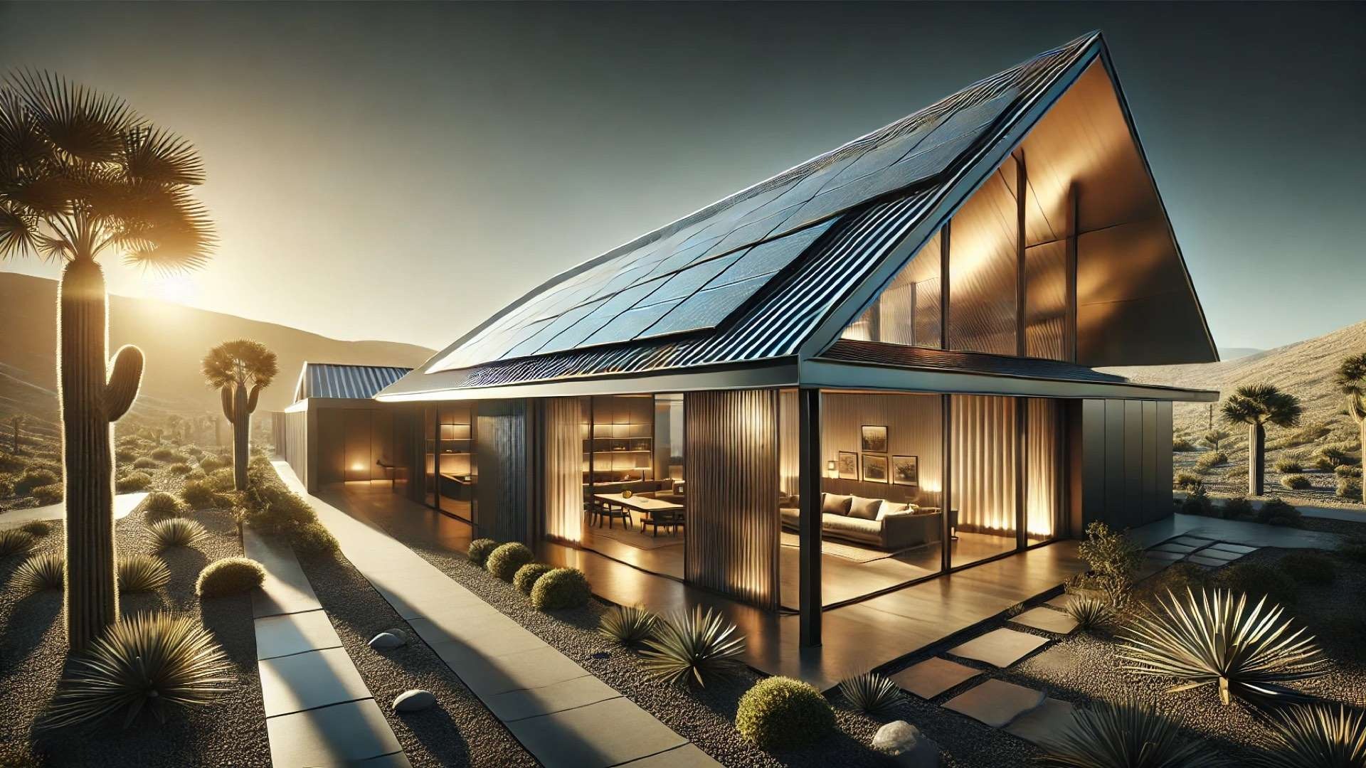 Modern house in an arid landscape with a sharply angled metal roof, large glass walls revealing cool interiors, and drought-tolerant landscaping under intense summer light.