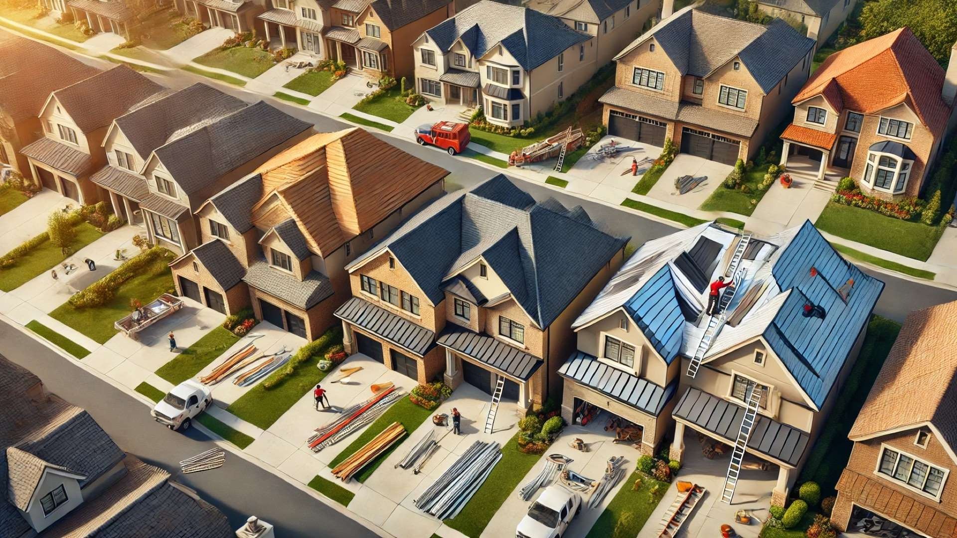 Aerial view of upscale neighborhood showing homes with asphalt, metal, slate, and clay tile roofs, while contractors replace a roof with materials staged in driveways. house roof renovation, new roof cost in 2026.