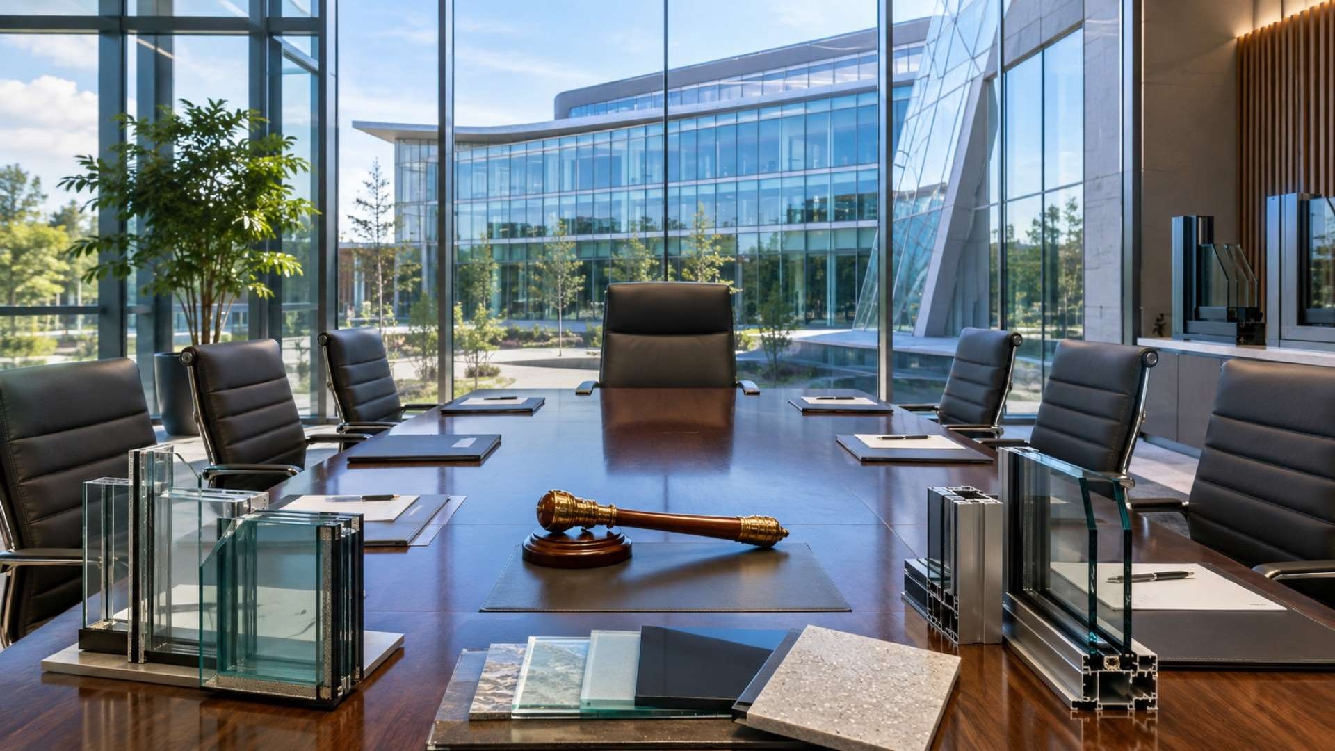 A bright glass-walled boardroom features an empty chair at the head of a conference table, a ceremonial gavel, and samples of architectural glass and window-frame systems, symbolizing a leadership transition within the fenestration and glazing industry.