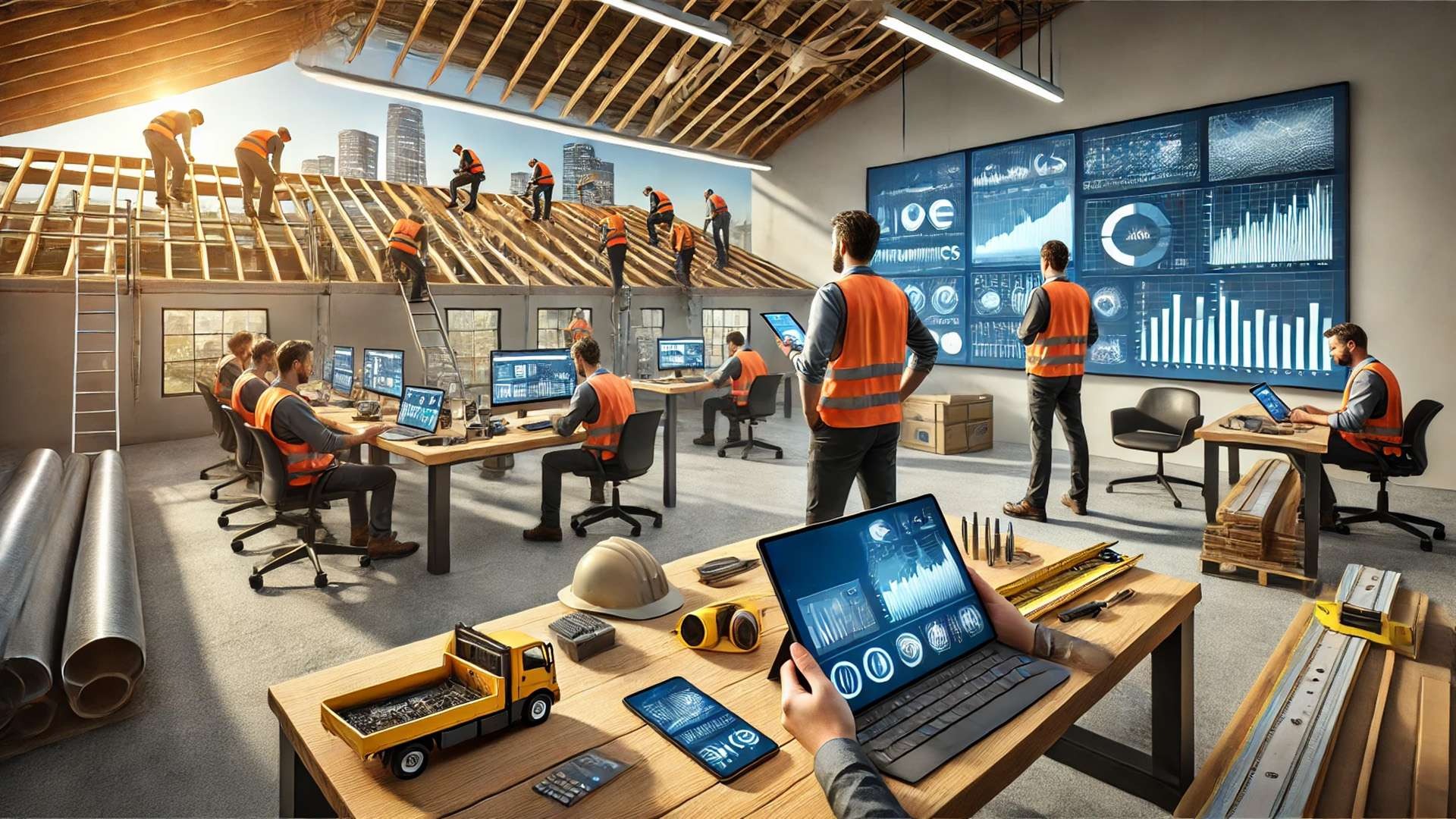 roofing contractors using mobile technology and analytics tools on-site and in the office