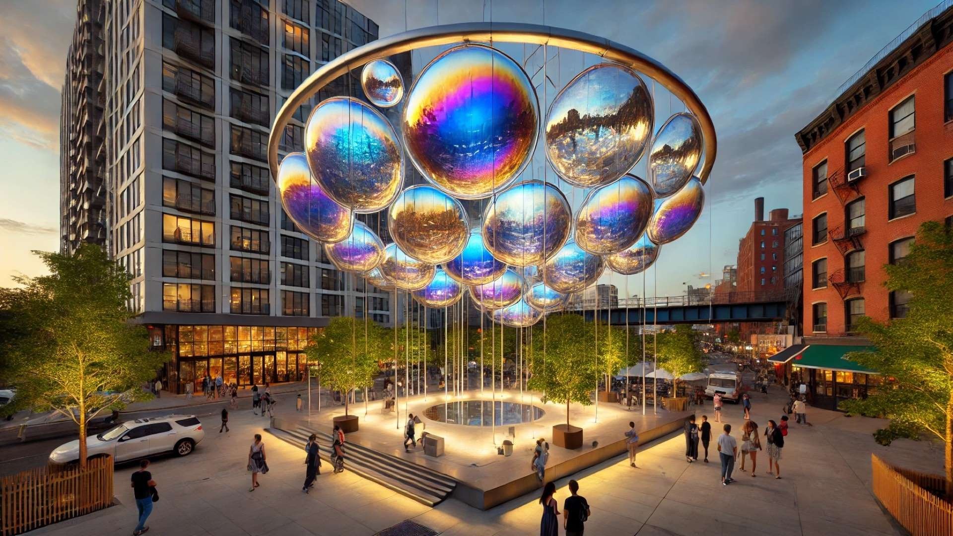 Splendour installation in Brooklyn — a glowing, dichroic floating oculus structure surrounded by urban life and shifting light reflections
