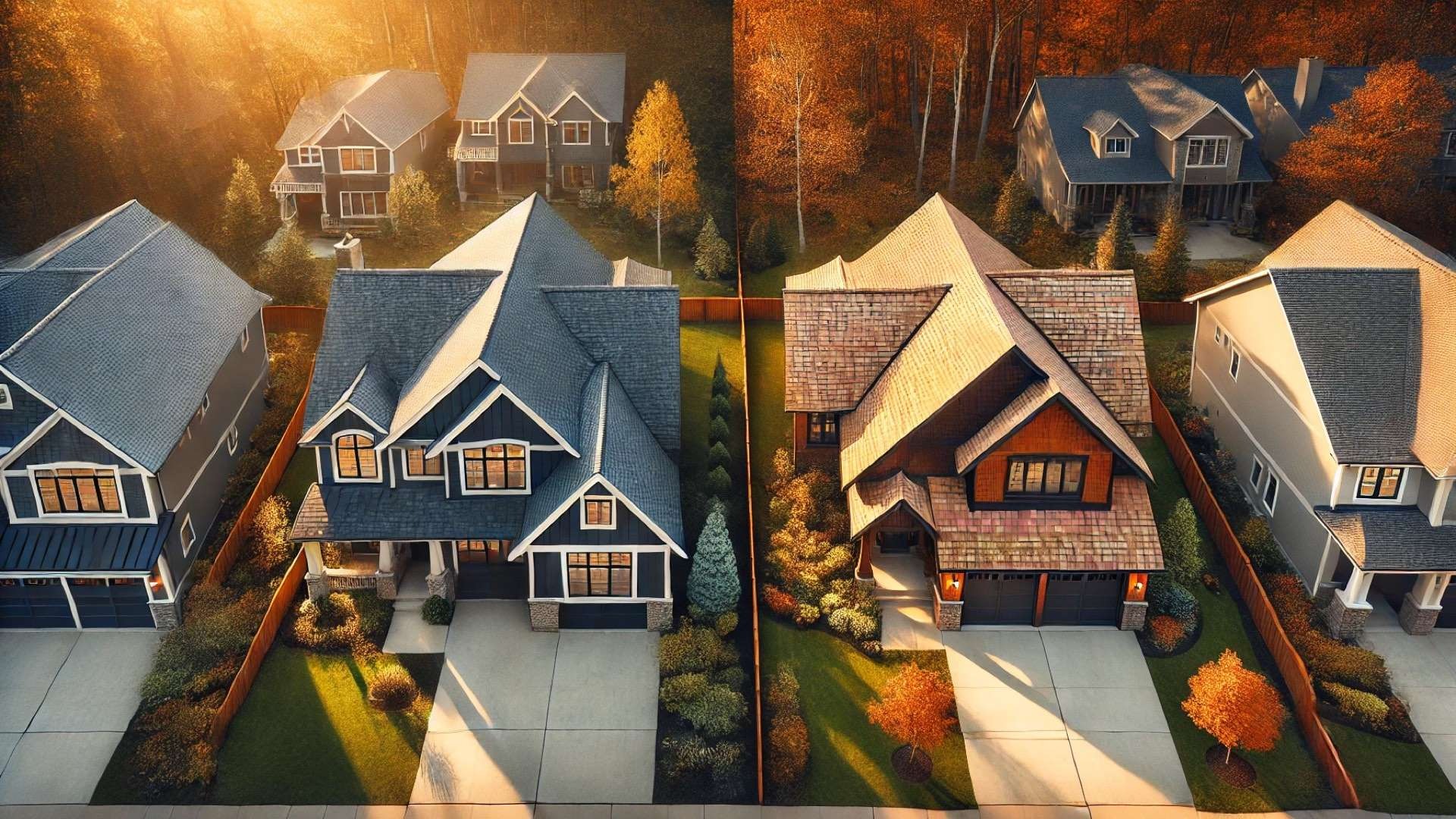A serene neighborhood scene showcasing two neighboring homes with contrasting roofs—modern asphalt shingles on one and rustic cedar shakes on the other—highlighting aesthetic and material differences