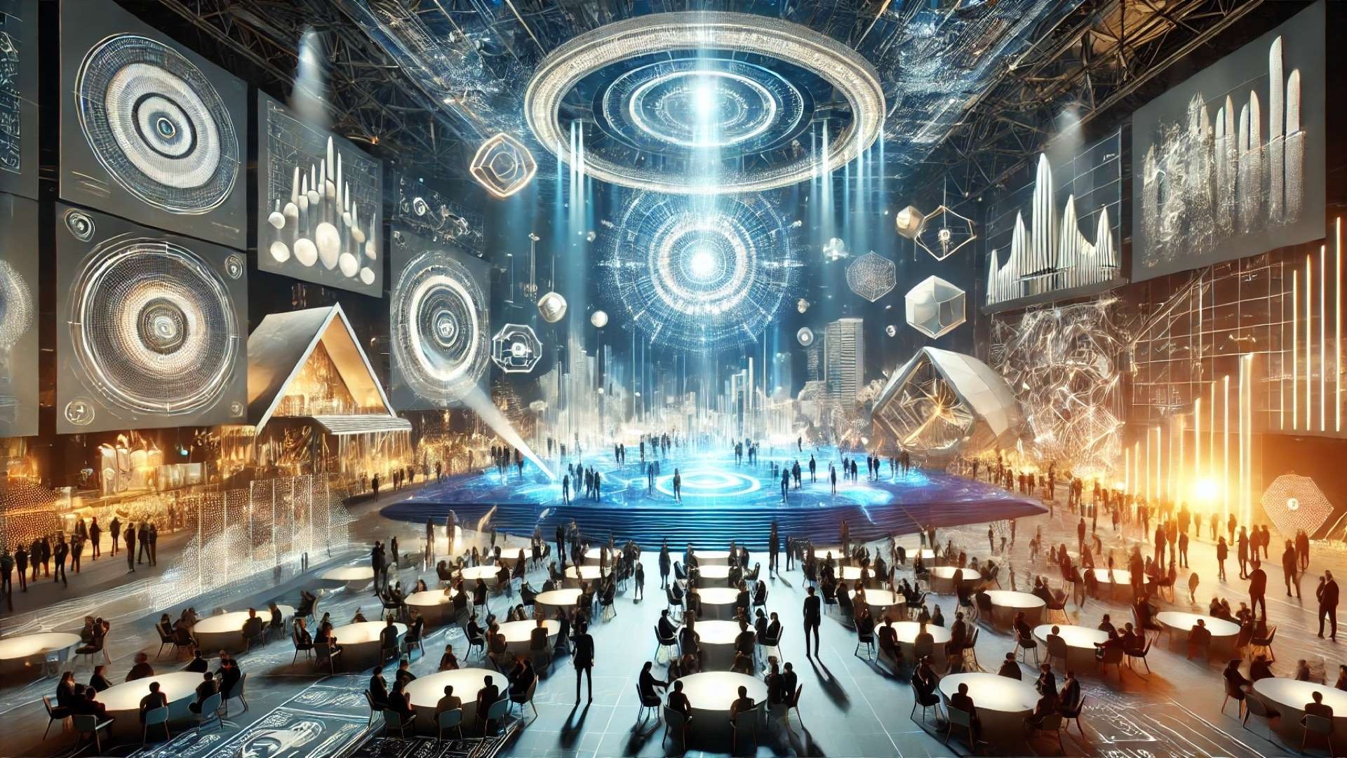 futuristic awards event celebrating innovation and creativity, showcasing designers, digital installations, and an atmosphere of inspiration and artistry