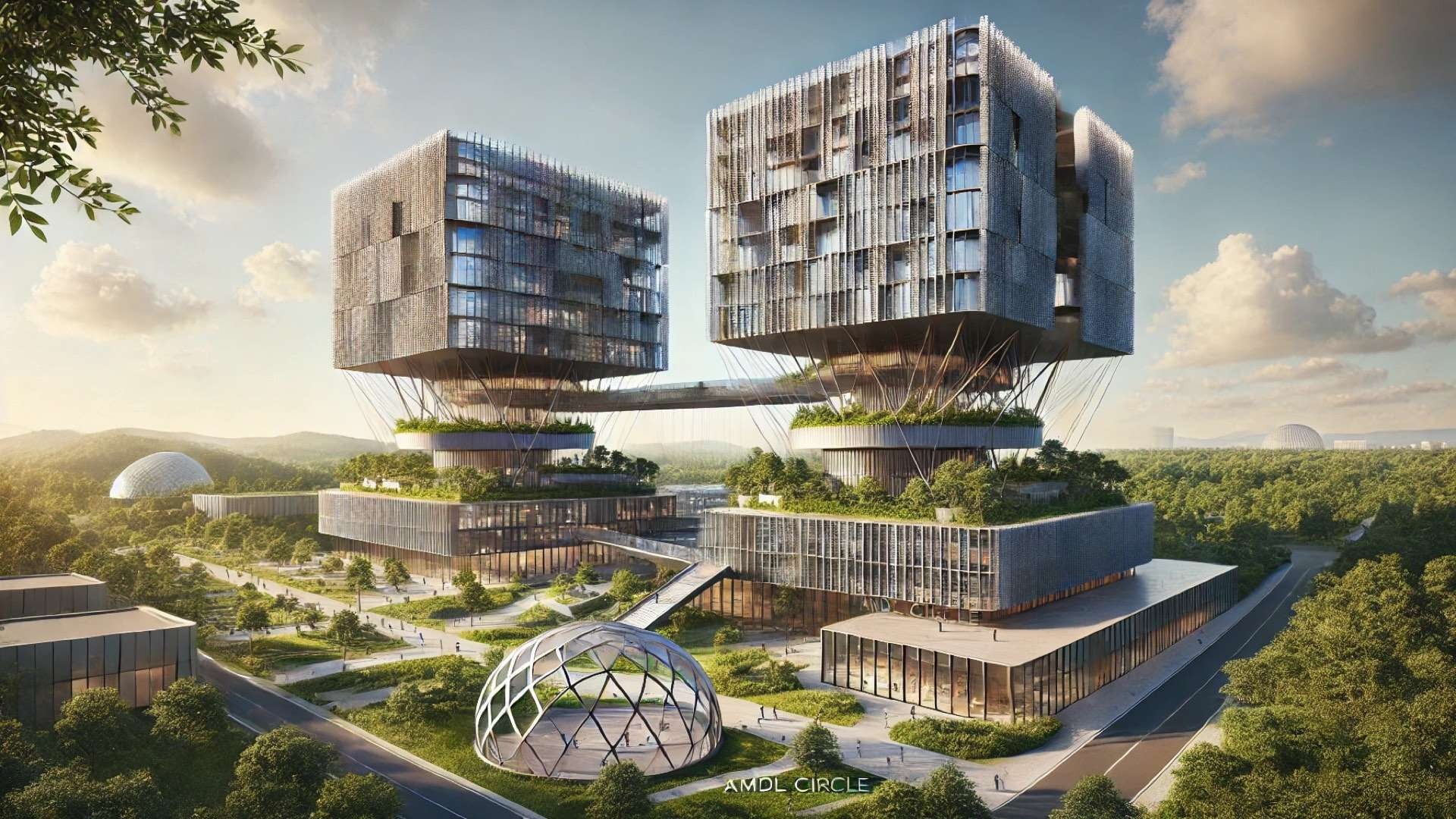 OpenZone Towers, showcasing their distinctive design, integration with nature, and modern architecture