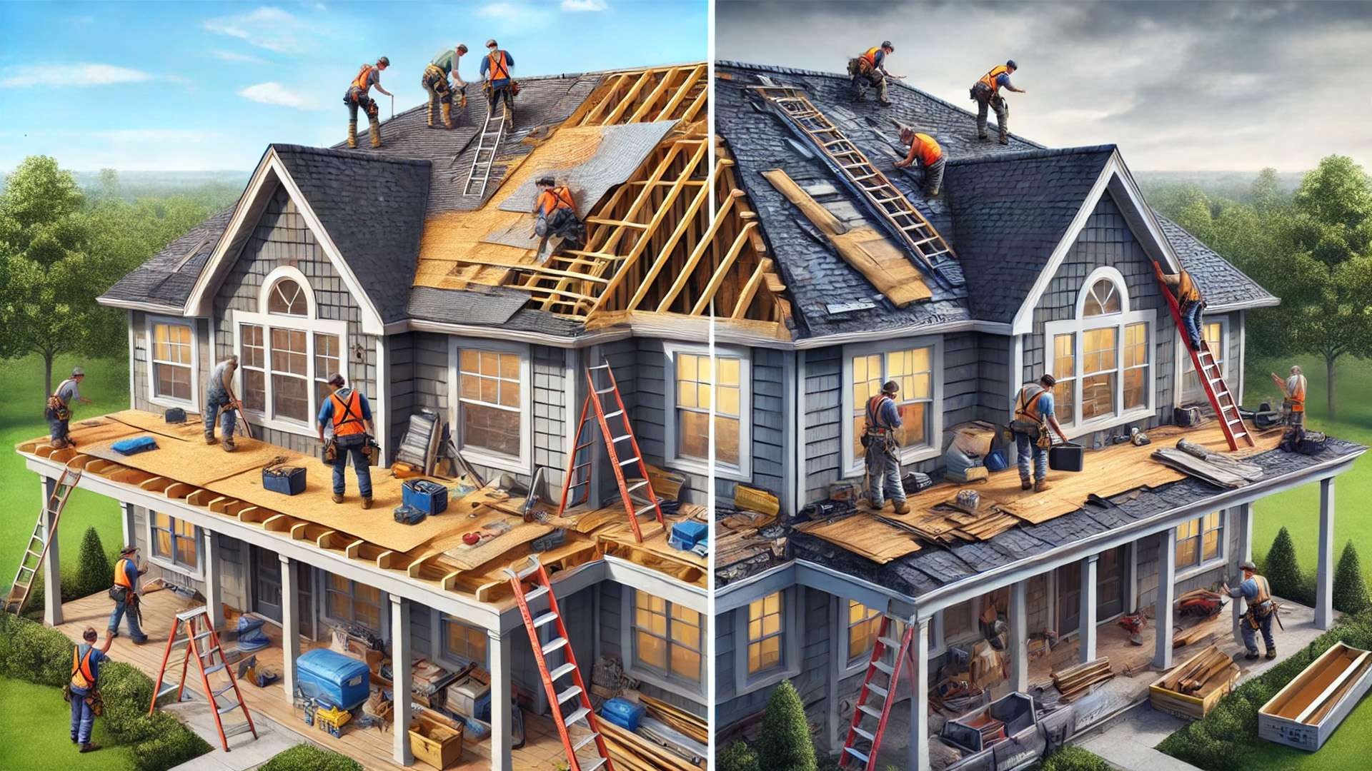 contrasting a well-installed roof with a poorly-installed one, highlighting the impact of workmanship on roofing quality