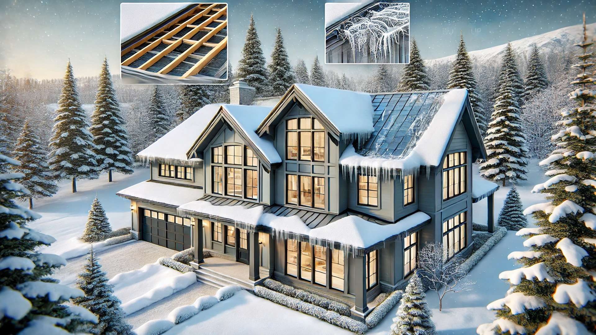 illustrations showing how metal roofing helps prevent ice dams in snowy winter conditions, with a clear contrast to traditional roofs